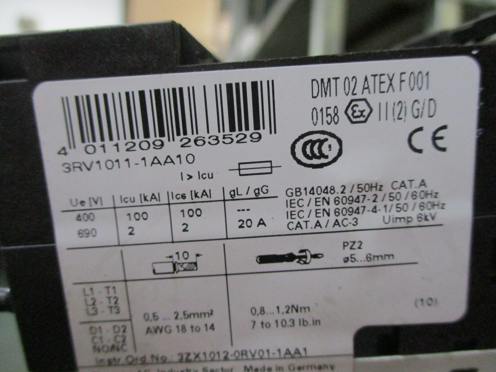 Siemens Manual Starter 3RV1011-1AA10 Trip: 1.1-1.6A Used