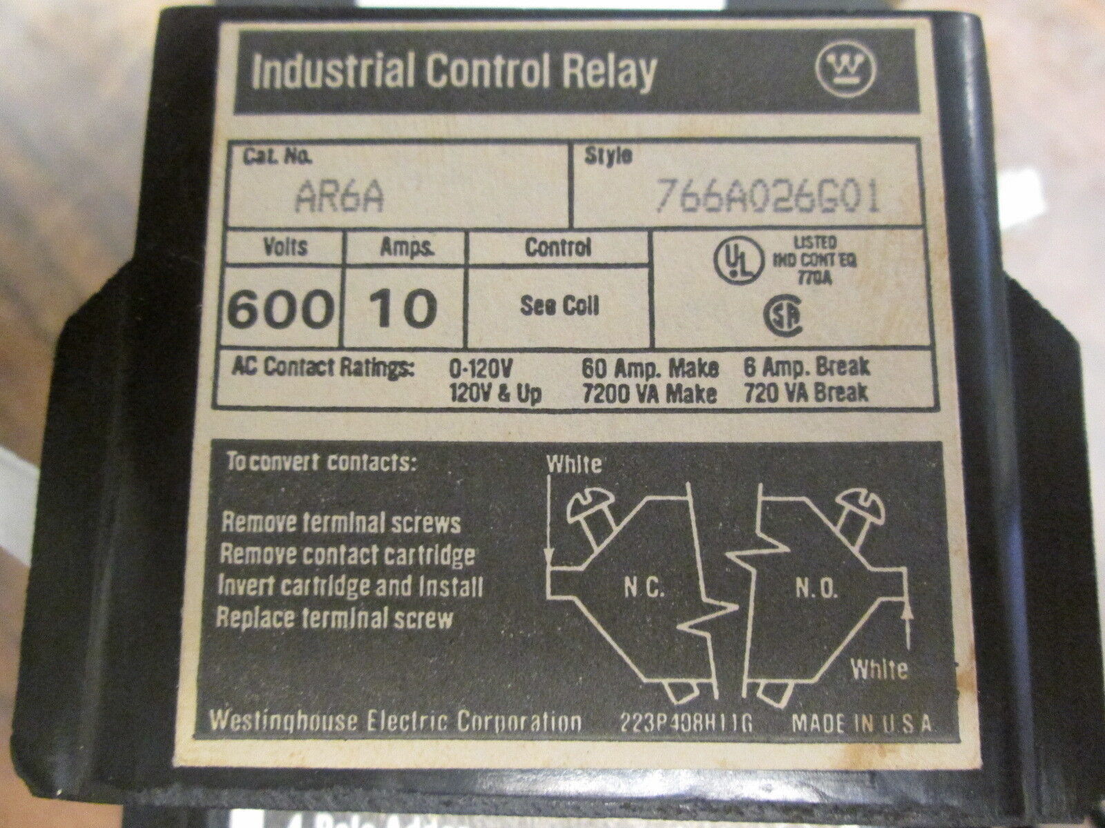 Westinghouse Control Relay w/ 4 Pole Adder AR6A 766A026G01 120V Coil 10A 600V