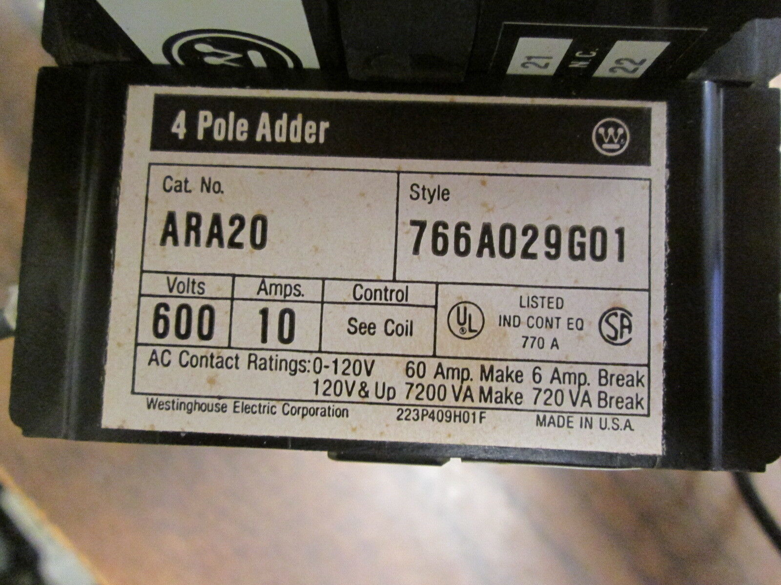 Westinghouse Control Relay w/ 4 Pole Adder AR6A 766A026G01 120V Coil 10A 600V