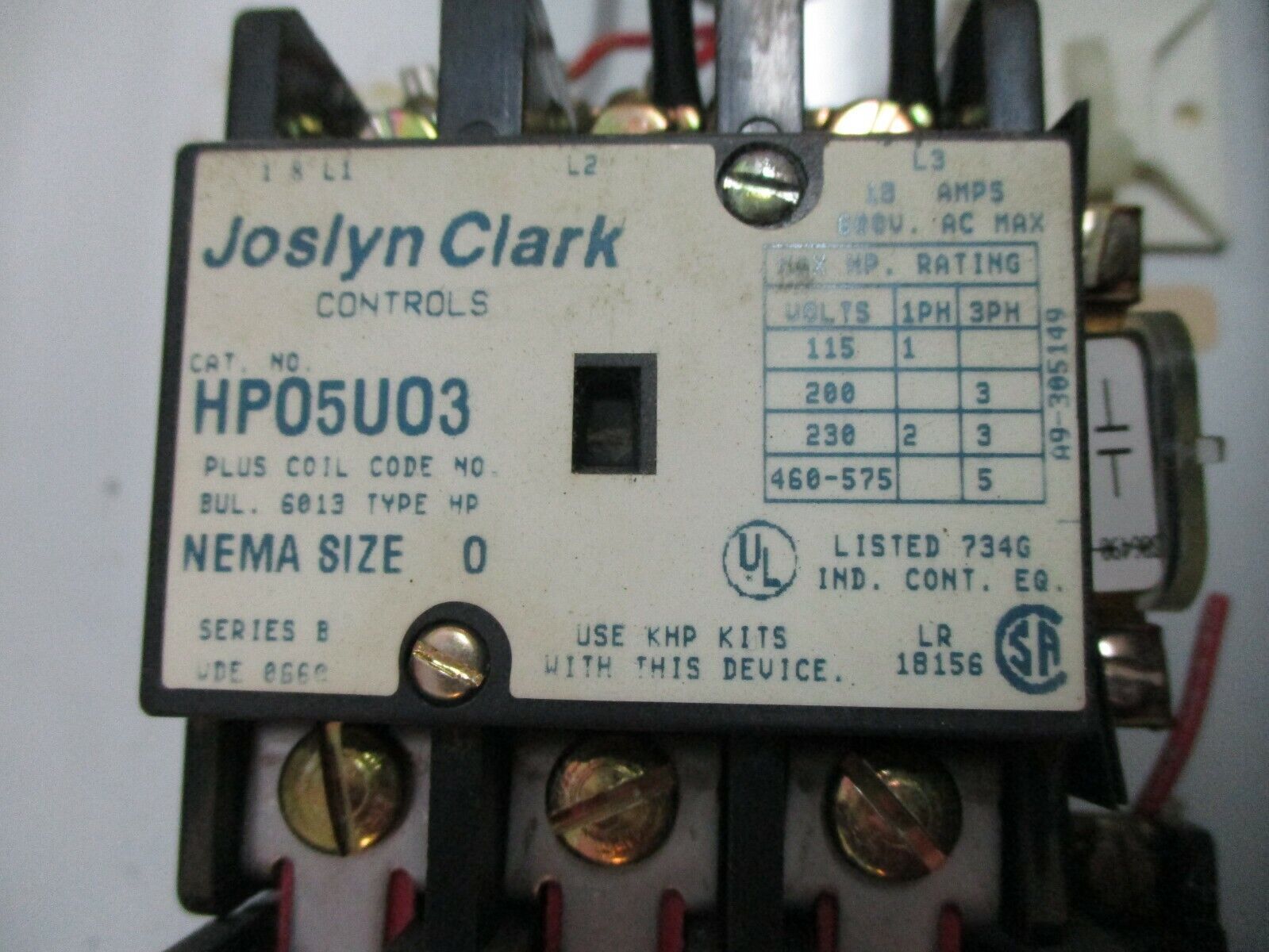 Joslyn Clark Fusible Size 0 Combination HP05U03 480V Coil 18A 600V Used