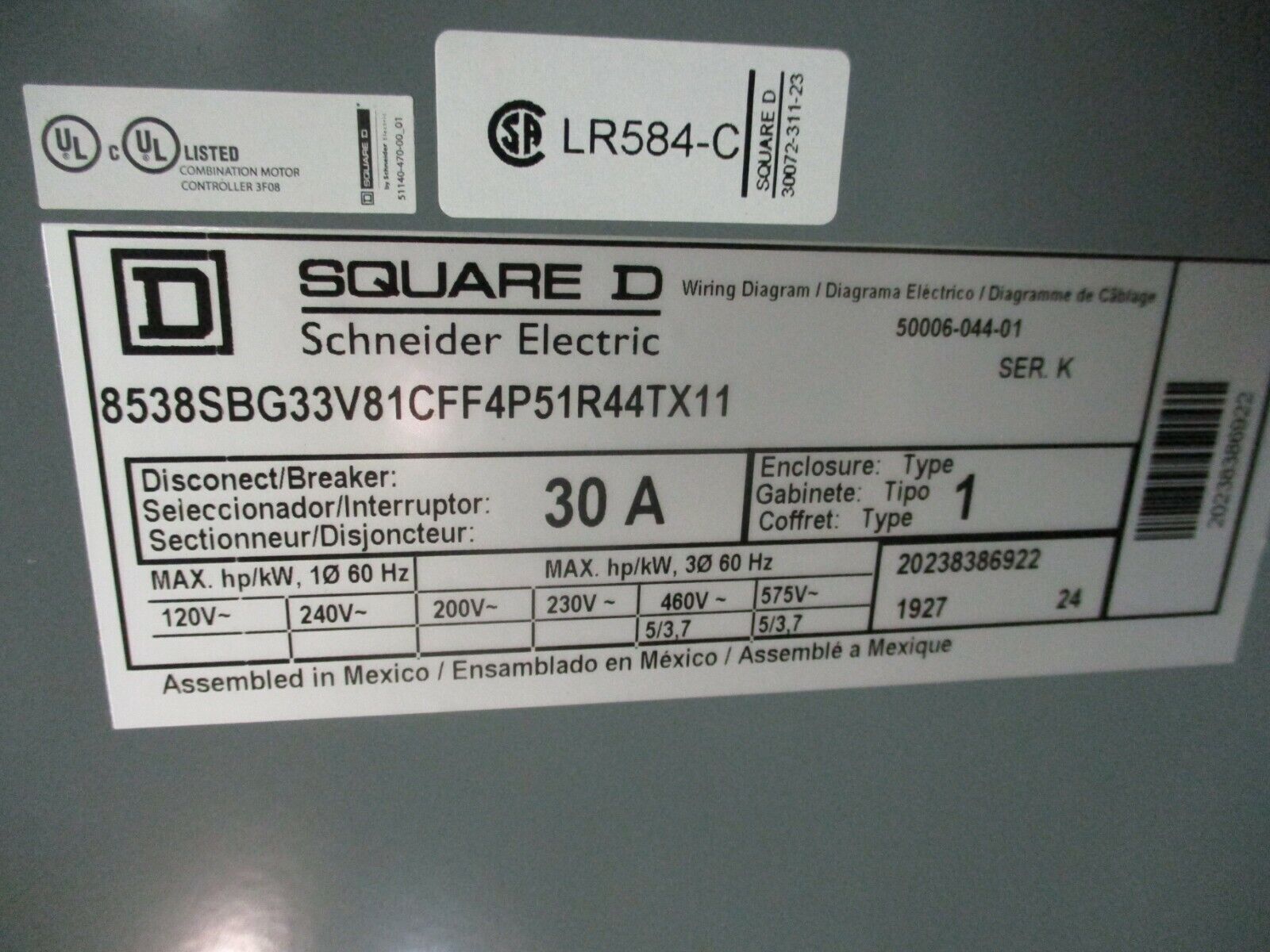 Square D Fusible Size 0 Combination 8538SBG33V81CFF4P51R44TX11 Ser K New Surplus