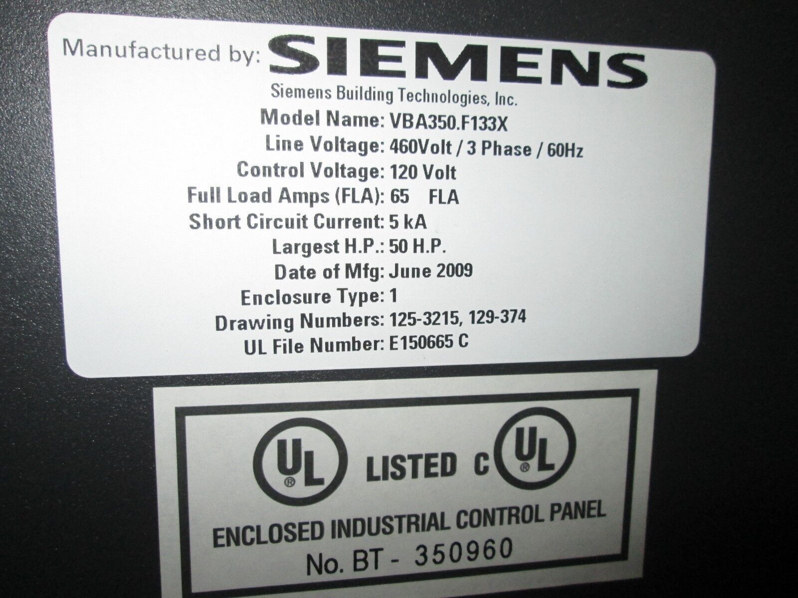 Siemens SED2 AC Drive VBA350.F133X SED2-37/32X 50HP Used