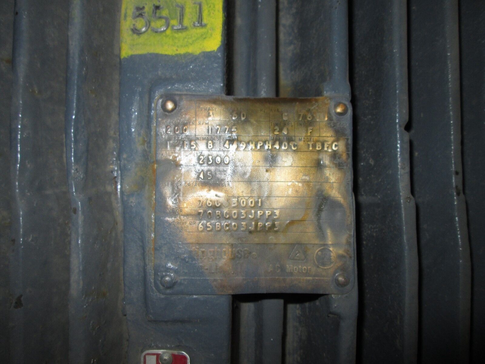 Westinghouse Motor TBFC 200HP 1800 RPM 449HPH Frame 2300V 45A