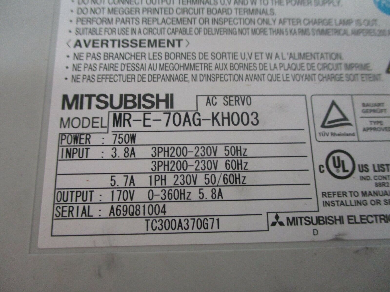 Mitsubishi AC Servo Drive MR-E-70AG-KH003 750W Used