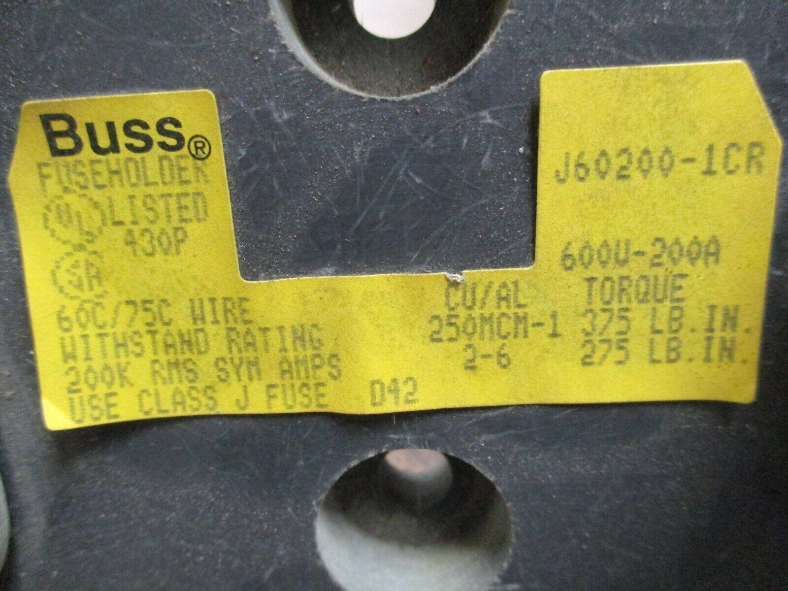 Bussmann Fuse Holder J60200-1CR 200A 600V 1P Used