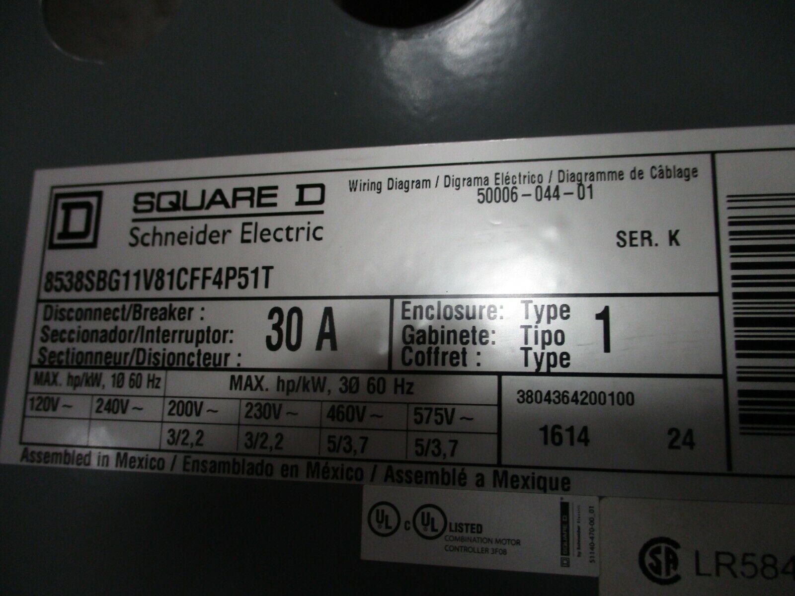 Square D Non-Fusible Size 0 Combination 8538SBG11V81CFF4P51T Ser. K Used
