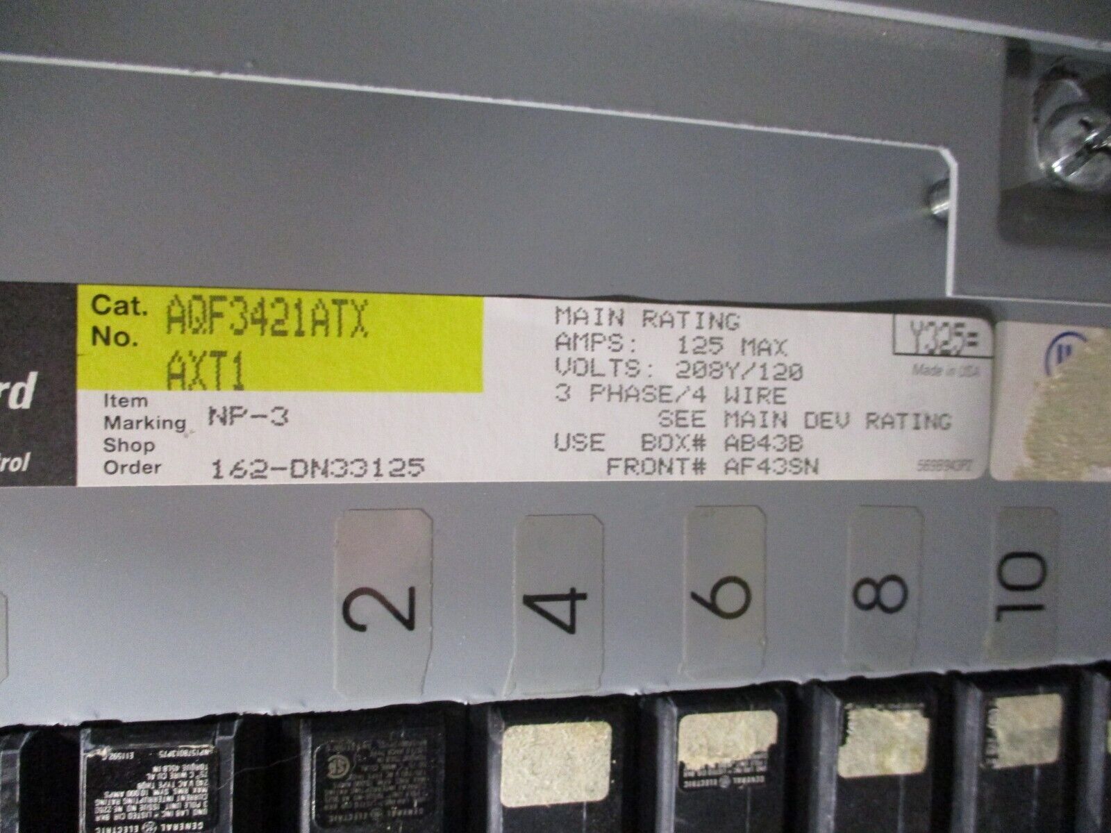 GE Main Breaker Circuit Breaker Panel AQF3421ATX 125A Max, 100A Main 208/120V