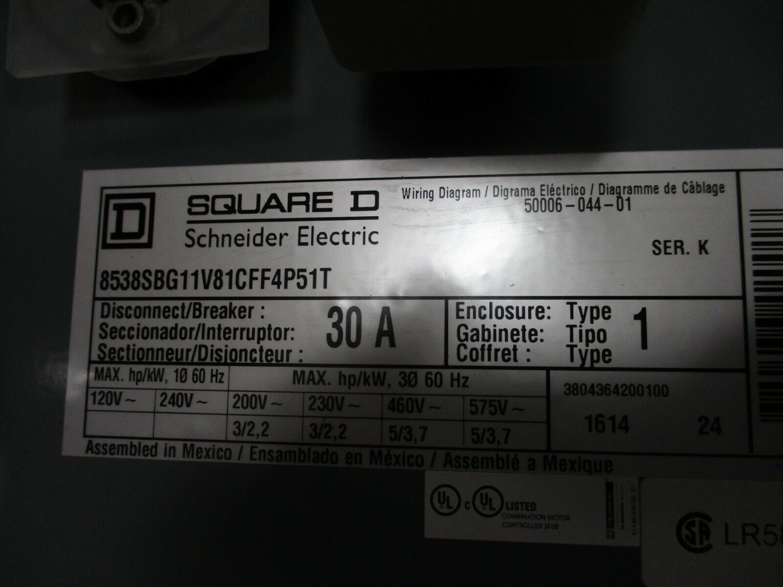 Square D Non-Fusible Size 0 Combination 8538SBG11V81CFF4P51T 120V Coil Used