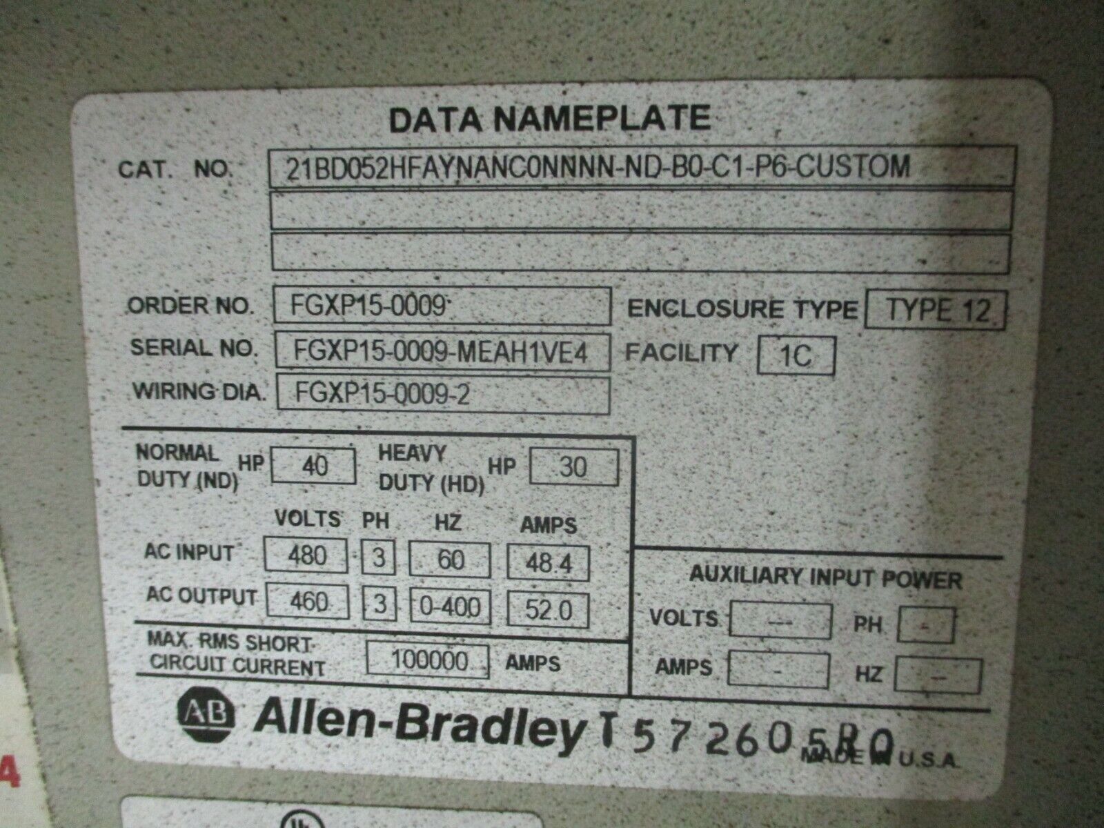 Allen-Bradley PowerFlex 700 AC Drive w/ Nema 12 Enclosure 40HP 480V 3Ph Used