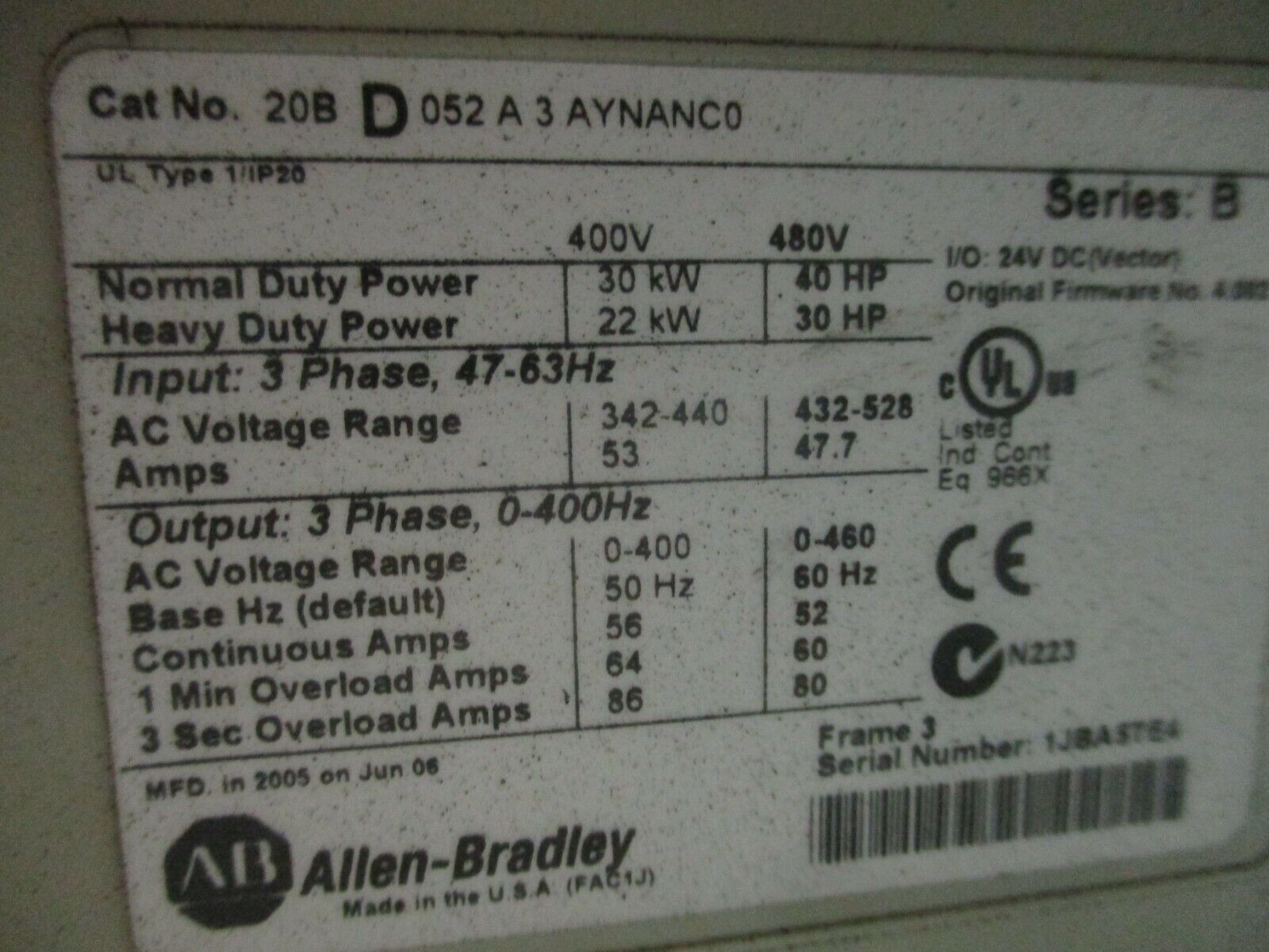 Allen-Bradley PowerFlex 700 AC Drive w/ Nema 12 Enclosure 40HP 480V 3Ph Used