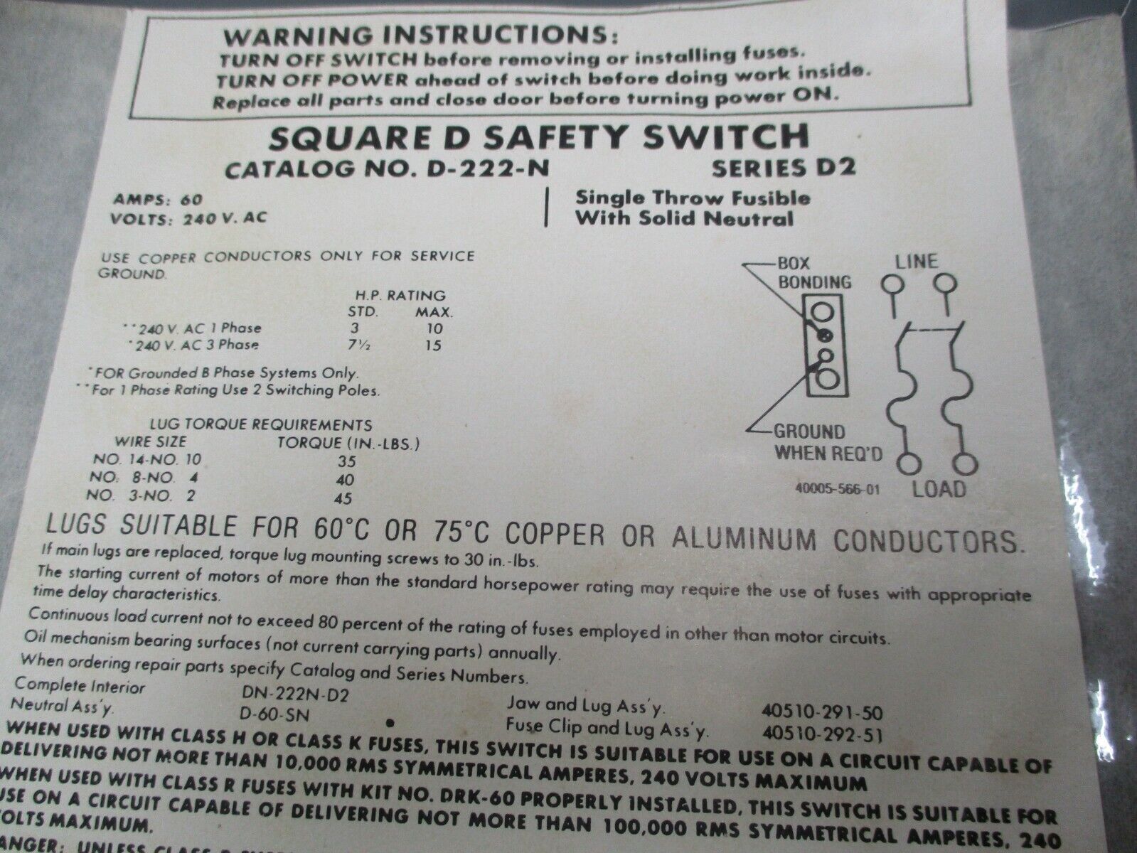 Square D Fusible Safety Switch D-222-N 60A 240V Used