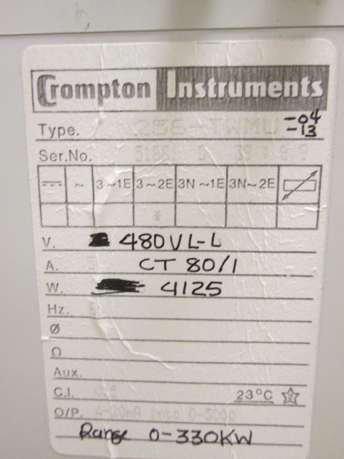 Crompton Transducer 256-TWMU-04-13 480V L-L CT 80/1 4125W Range 0-330KW Used