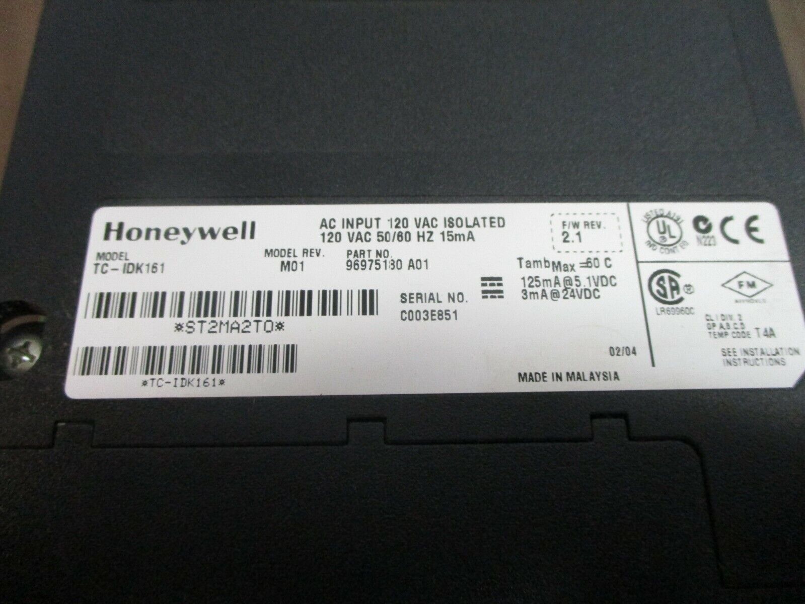 Honeywell AC Isloated Input Module TC-IDK161 Rev. M01 F/W Rev. 2.1 120V Used