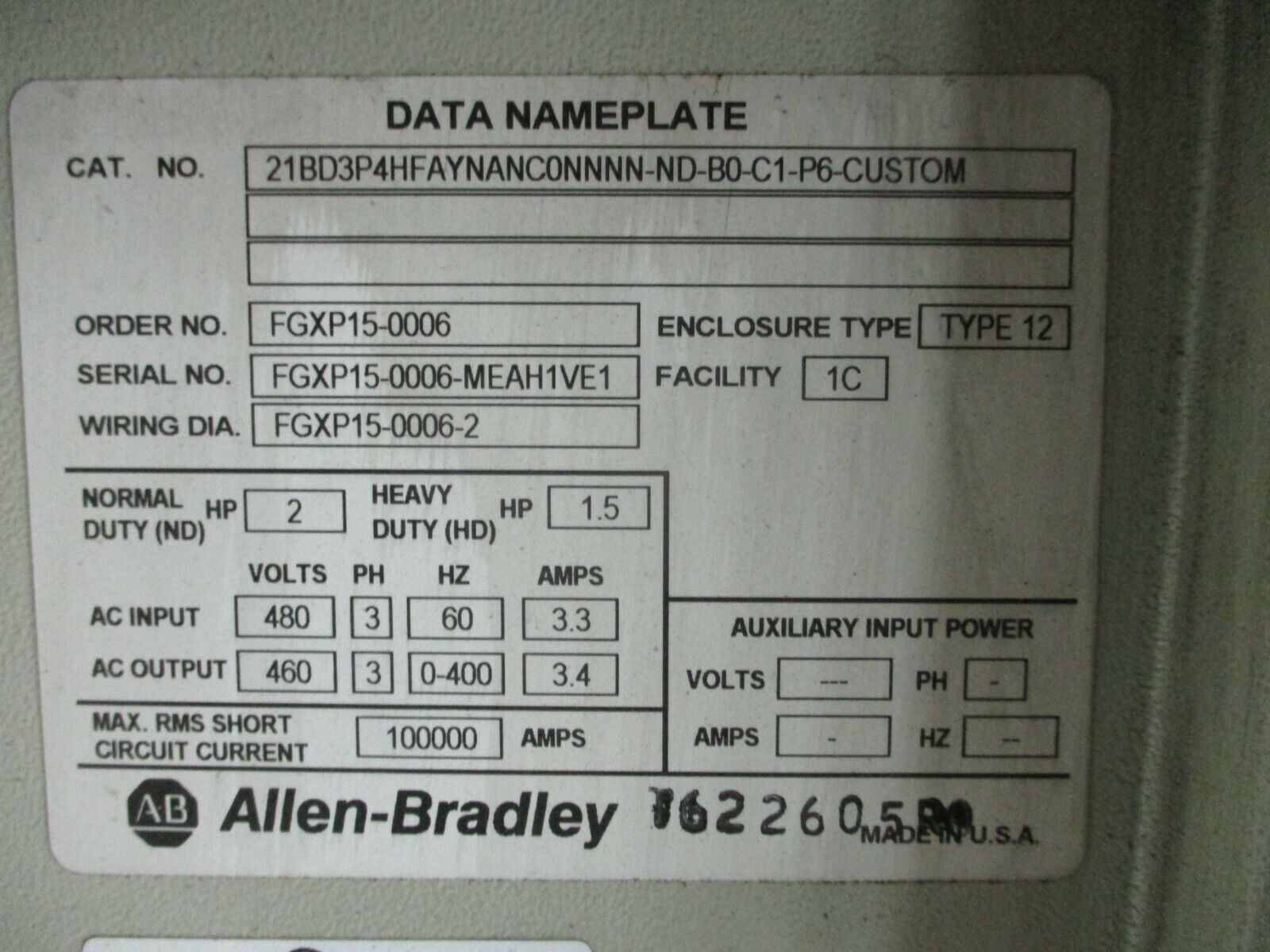 Allen-Bradley PowerFlex 700 AC Drive w/ Nema 12 Enclosure 2HP 3Ph 480V Used