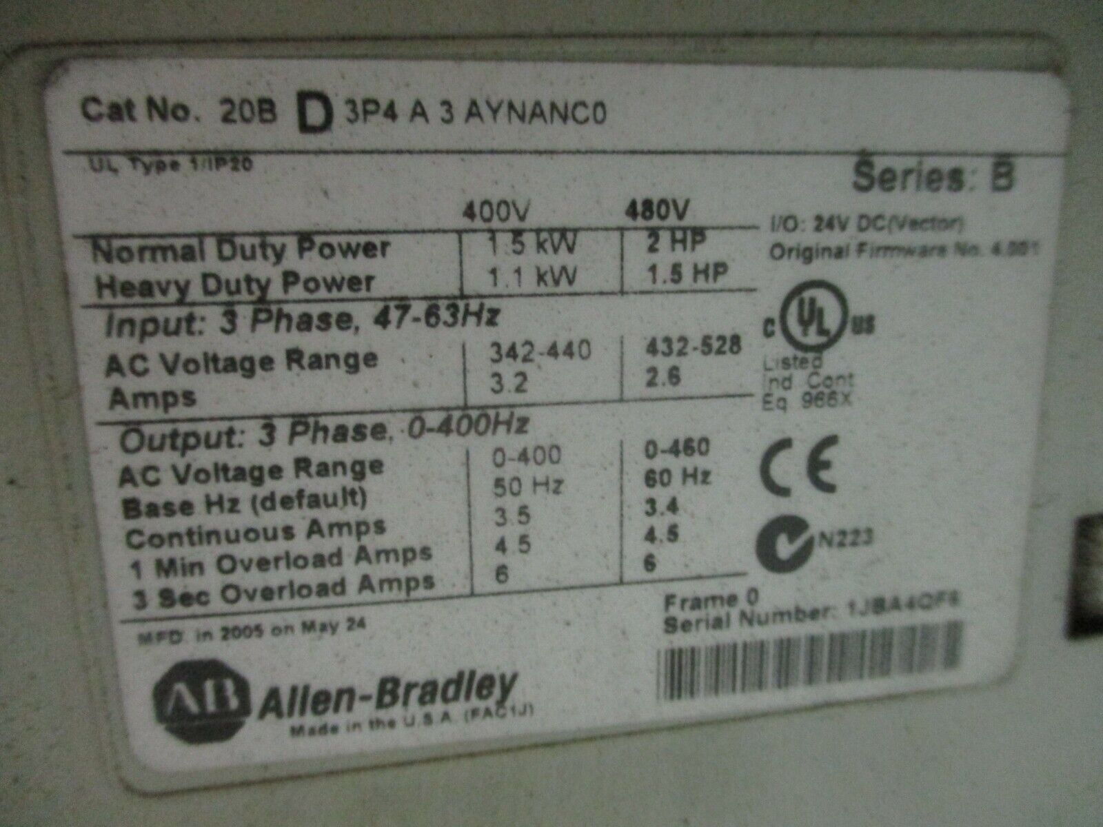 Allen-Bradley PowerFlex 700 AC Drive w/ Nema 12 Enclosure 2HP 3Ph 480V Used