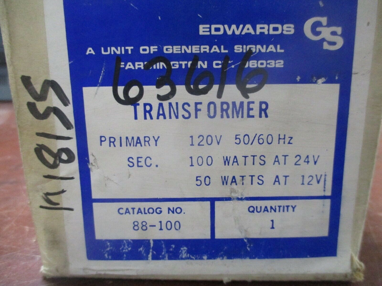 Edwards Transformer 88-100 100VA Pri: 120V Sec: 12/24V 50/60Hz 1Ph New Surplus