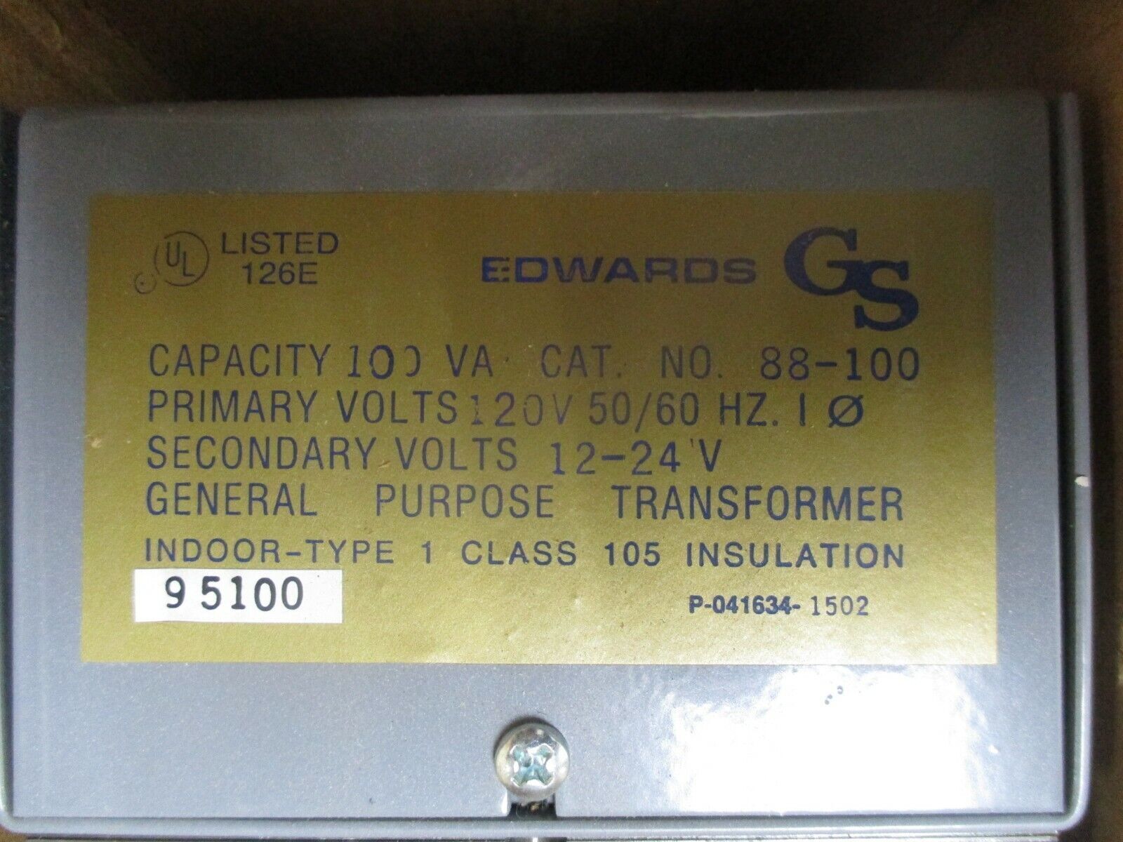 Edwards Transformer 88-100 100VA Pri: 120V Sec: 12/24V 50/60Hz 1Ph New Surplus