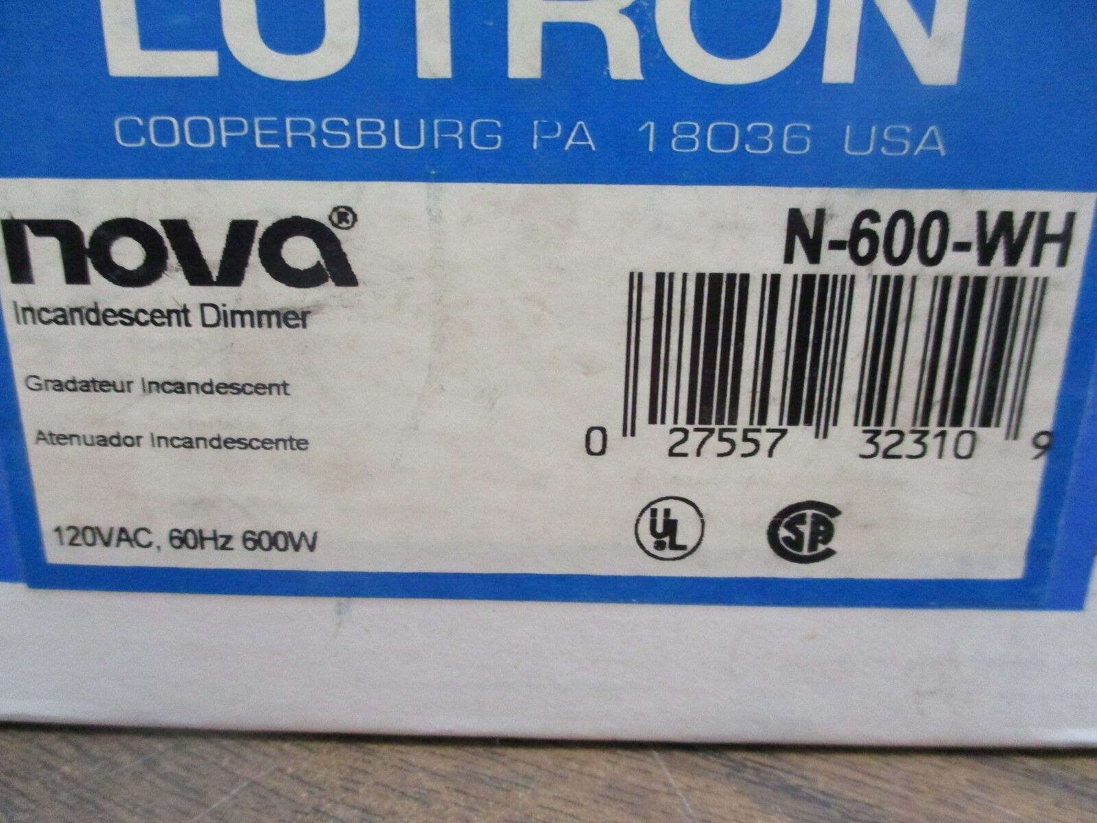 Lutron Nova Incandescent Dimmer N-600-WH 120VAC 60Hz 600W New Surplus