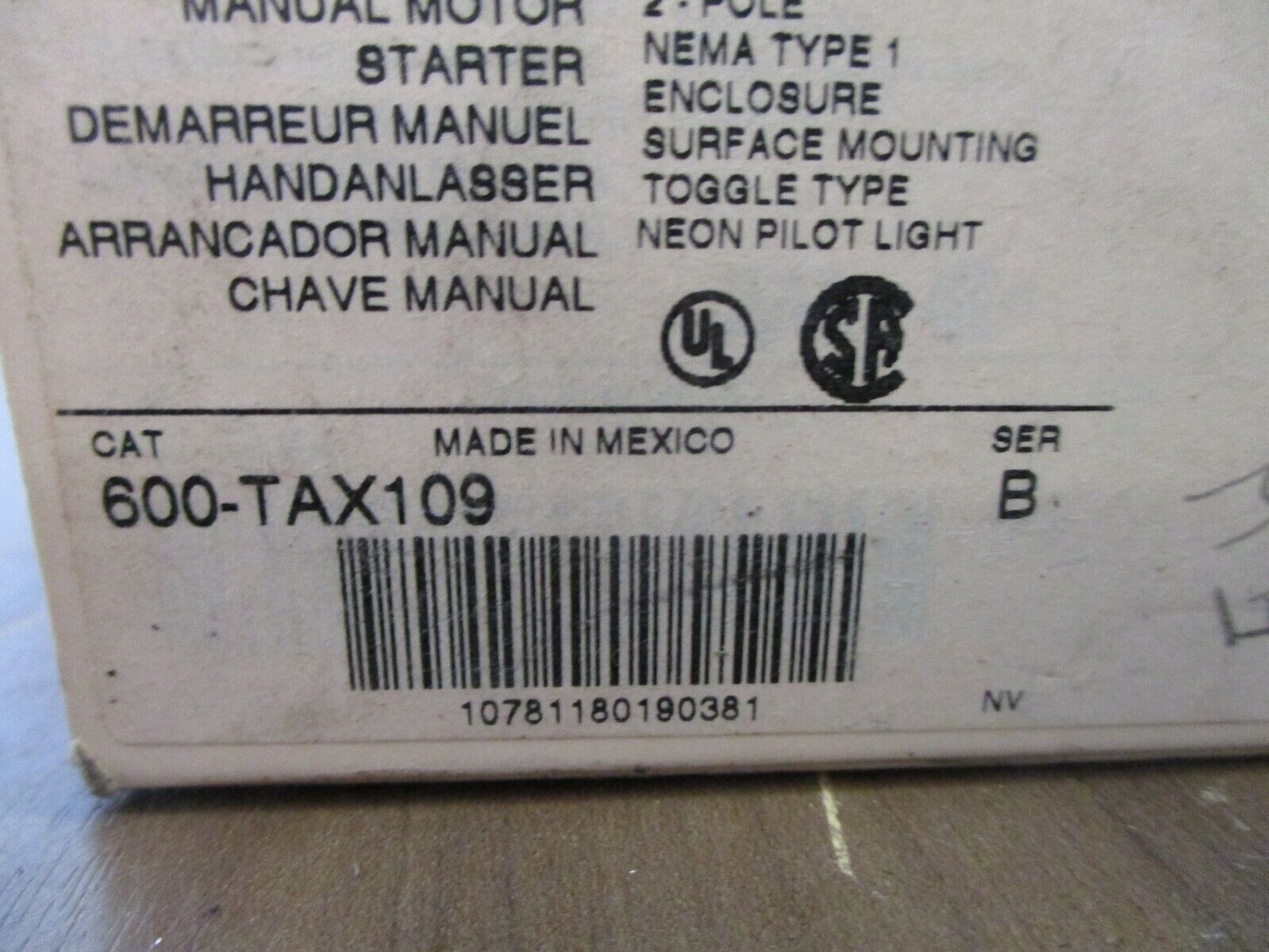 Allen-Bradley Manual Starter 600-TAX109 Ser. B 1HP 277V 1Ph New Surplus