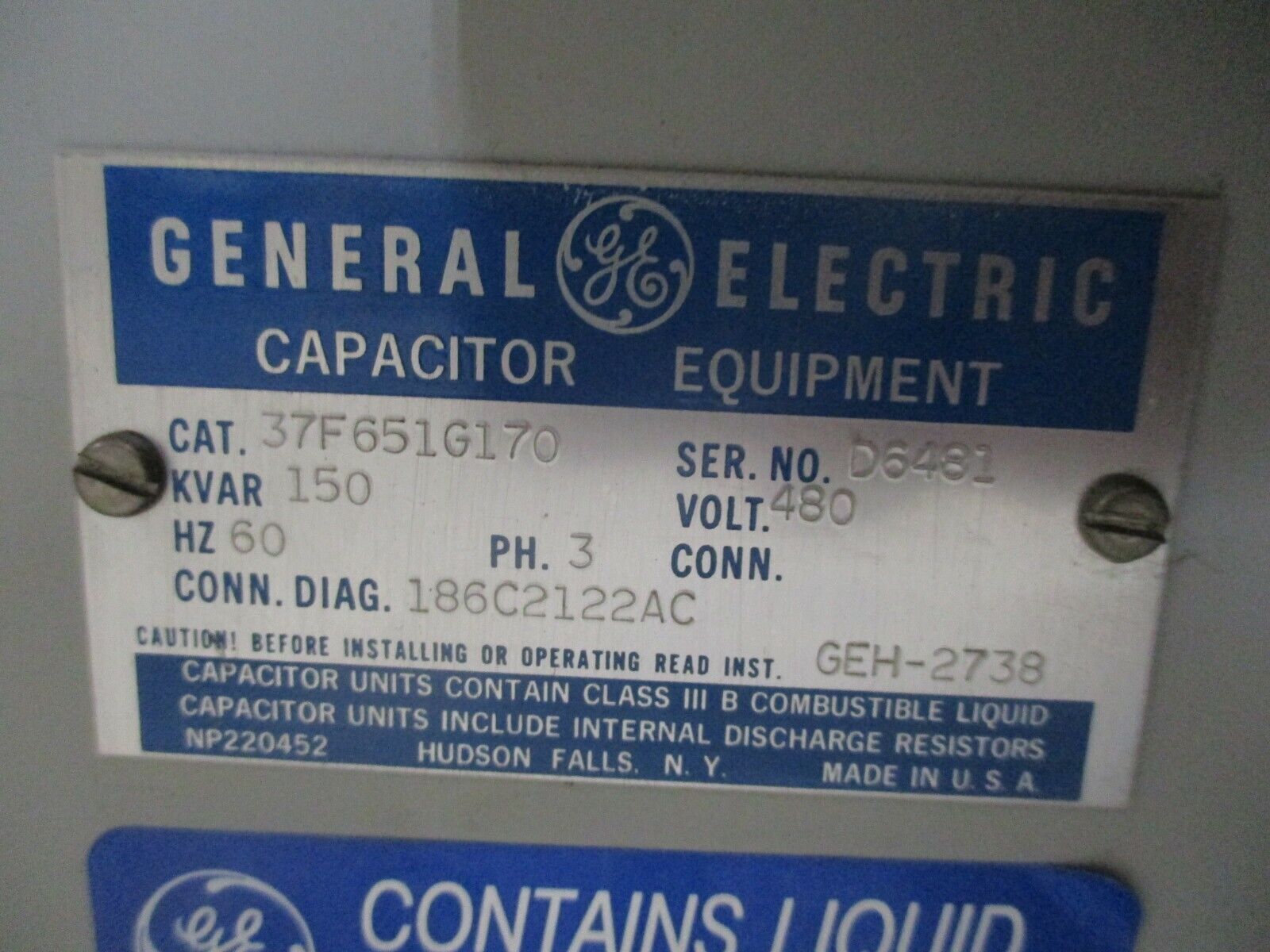 GE Capacitor 37F651G170 150KVAR 480V 60Hz 3Ph Used