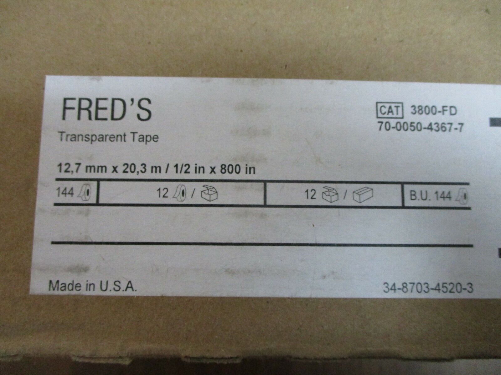Fred's Transparent Tape 3800-FD Width: 1/2" Length: 800" Box of 144 New Surplus