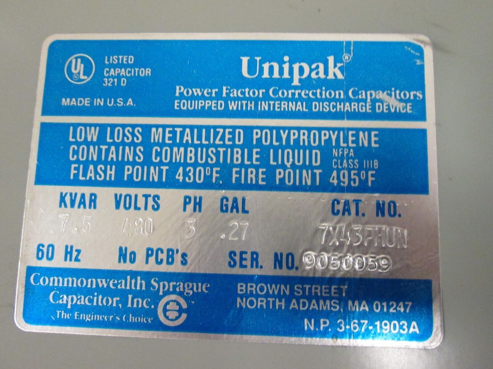 Unipak Power Factor Correction Capacitor 7X43PMUN 480V 60Hz 7.5 KVAR 3Ph Used