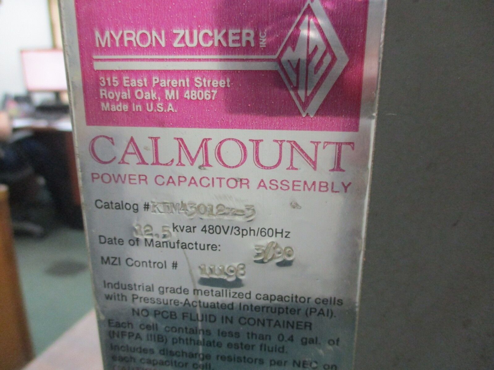 Myron Zucker Calmount Capacitor KIM43012x-3 12.5KVAR 480V 3Ph 60Hz Used