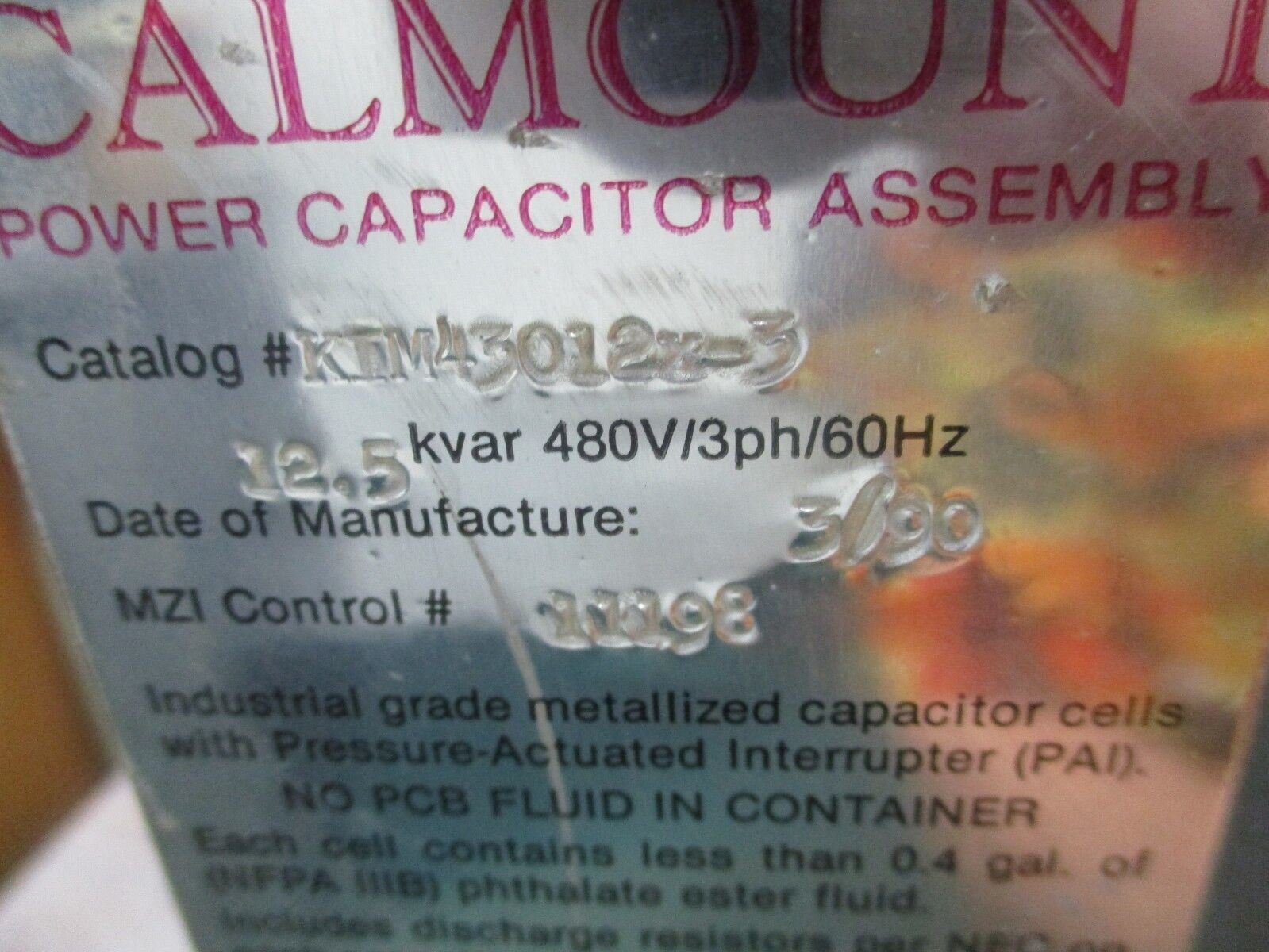 Myron Zucker Calmount Capacitor KIM43012x-3 12.5KVAR 480V 3Ph 60Hz Used