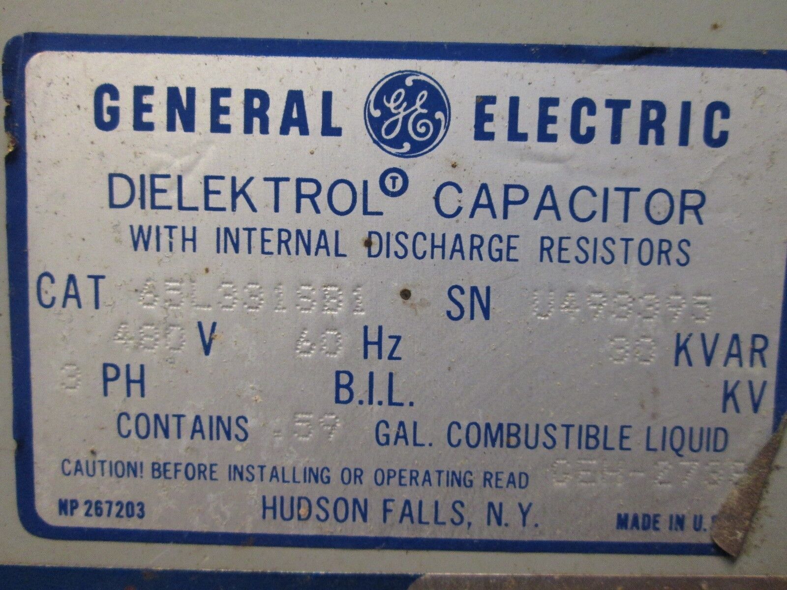 GE Dielektrol Capacitor 65L331S01 30 KVAR 480V 60Hz Used