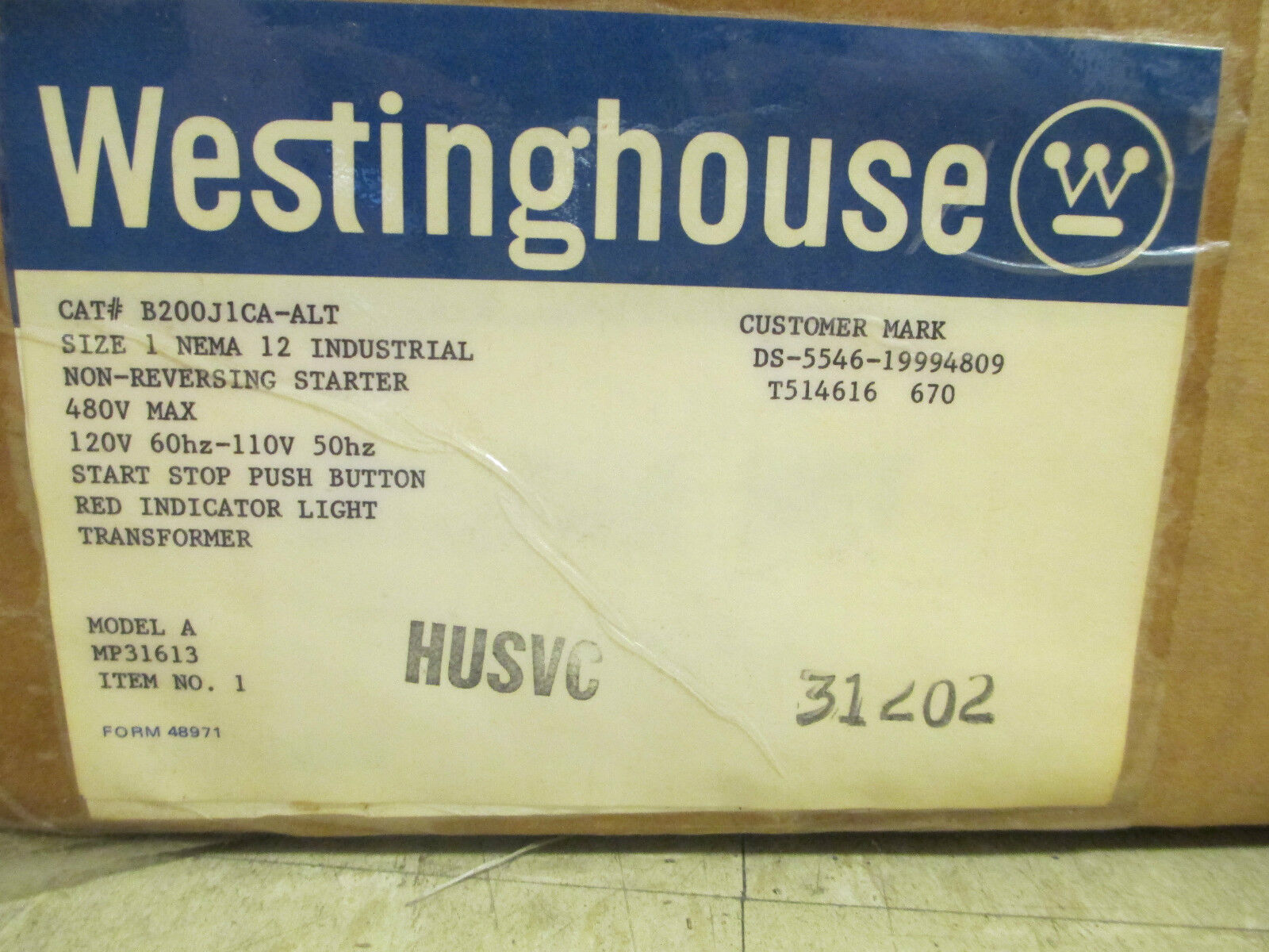 Westinghouse Size 1 Industrial Non-Reversing Starter B200J1CA-ALT New Surplus
