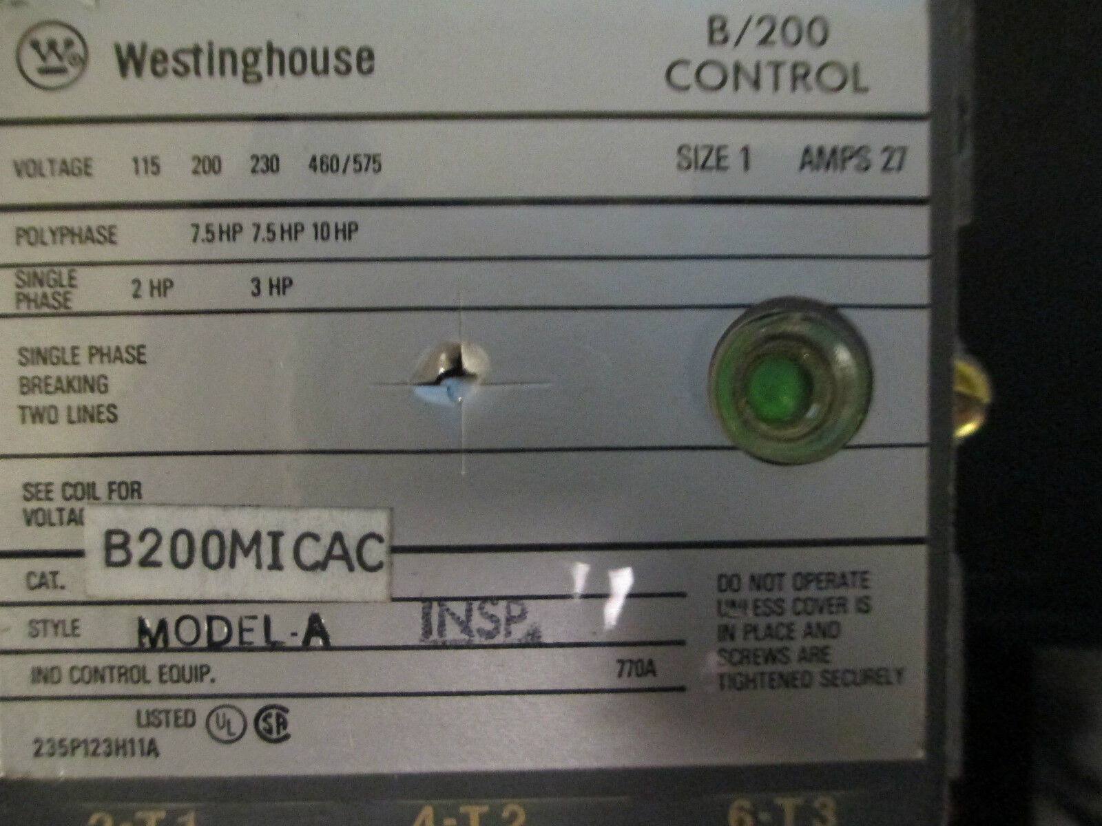 Westinghouse Size 1 Industrial Non-Reversing Starter B200J1CA-ALT New Surplus