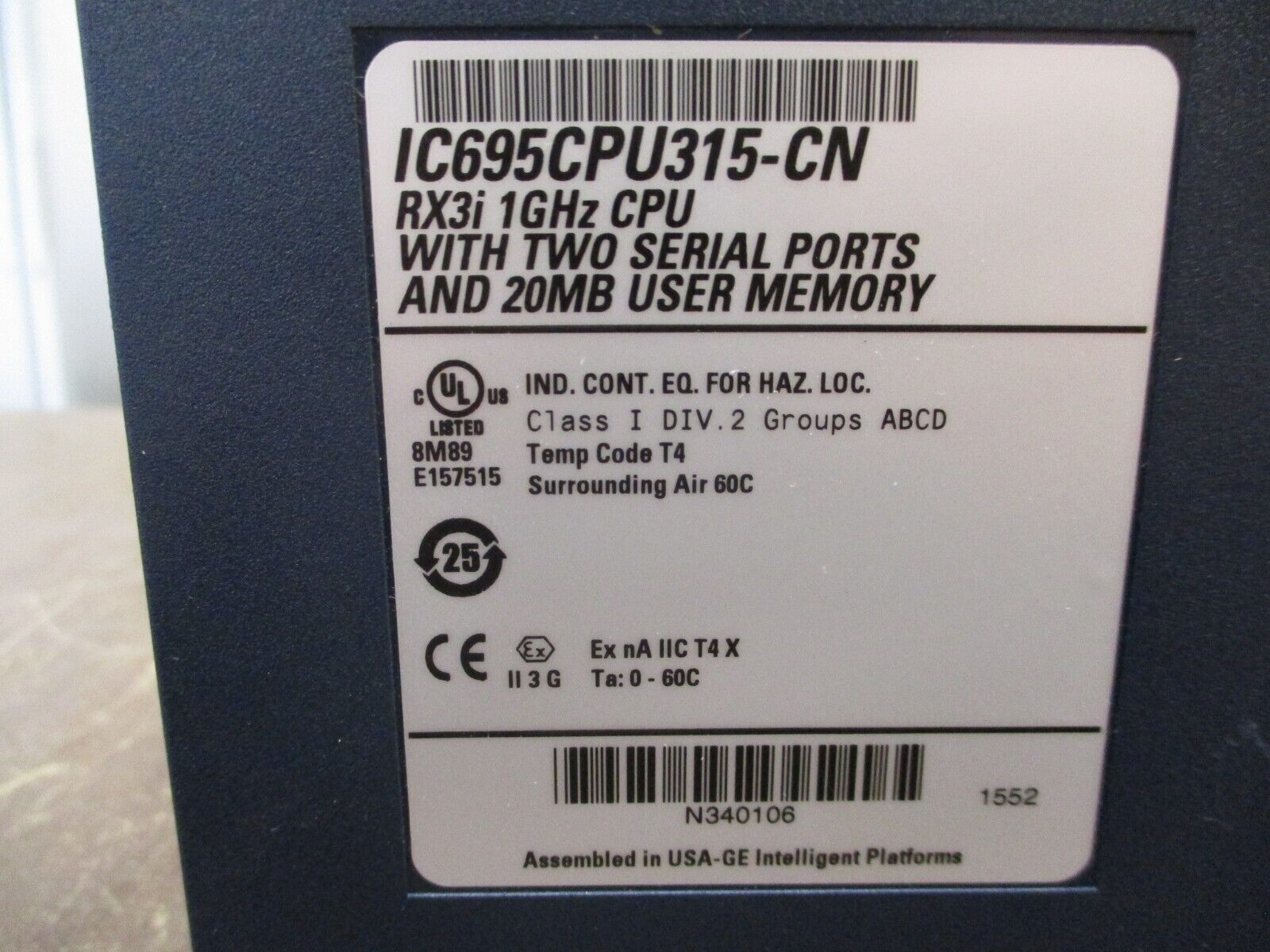 GE Fanuc RX3i 1GHz CPU Module IC695CPU315-CN 20MB Memory Two Serial Ports Used