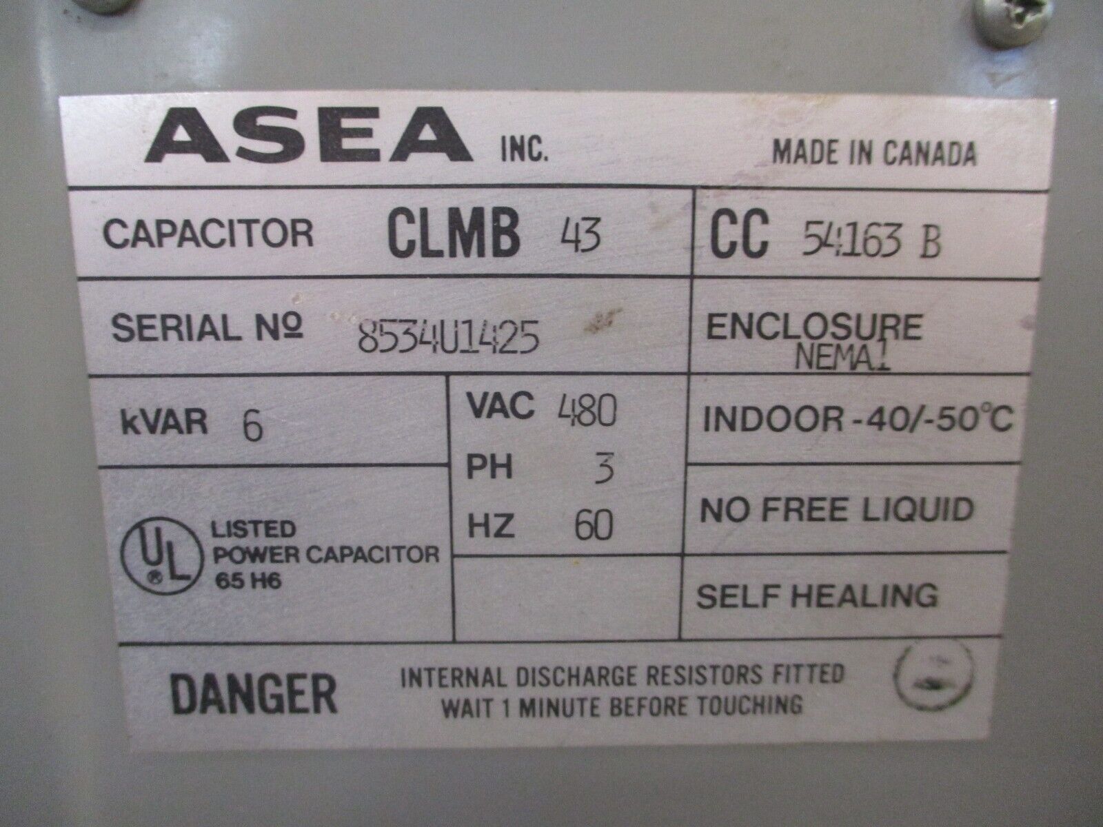 Asea Capacitor CLMB 43 CC 54163 B 6KVAR 480V 3Ph 60Hz Used