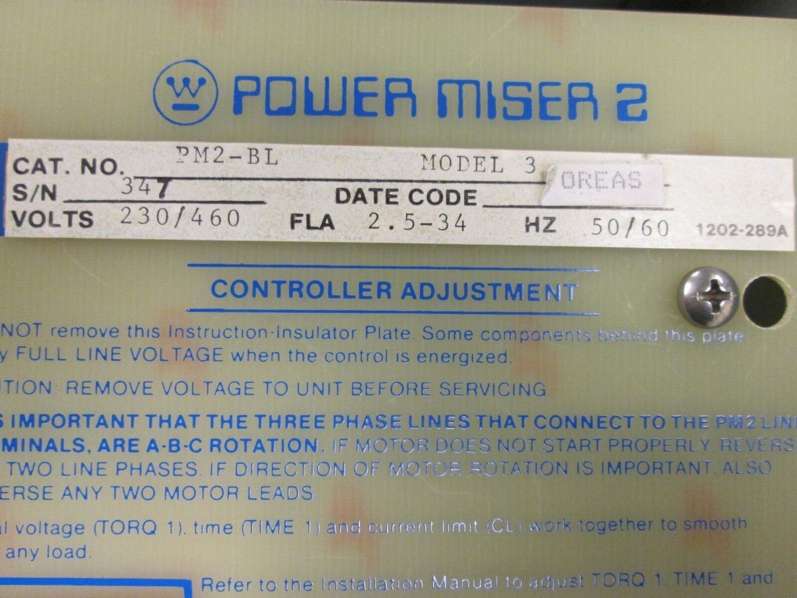 Westinghouse Powermiser 2 Soft Start PM2-BL 2.5-34FLA 230/460V Model 3