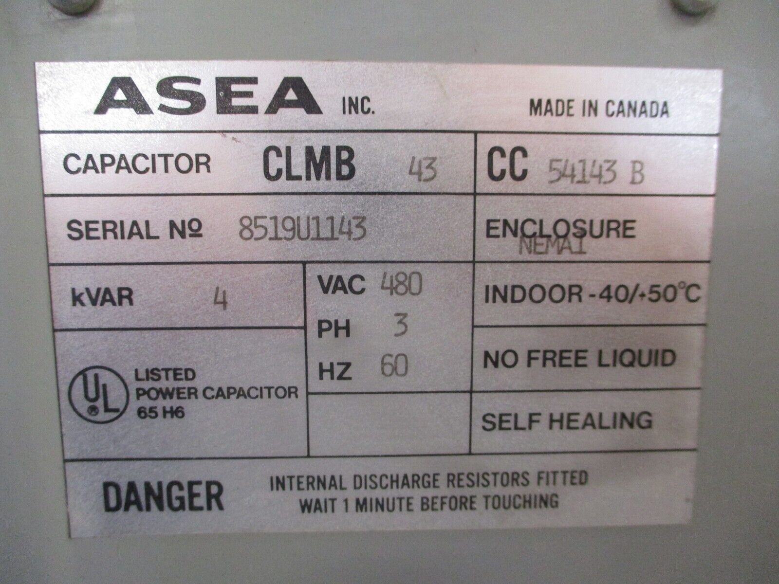 Asea Capacitor CLMB 43 CC 54143 B 4KVAR 480V 3Ph 60Hz Used