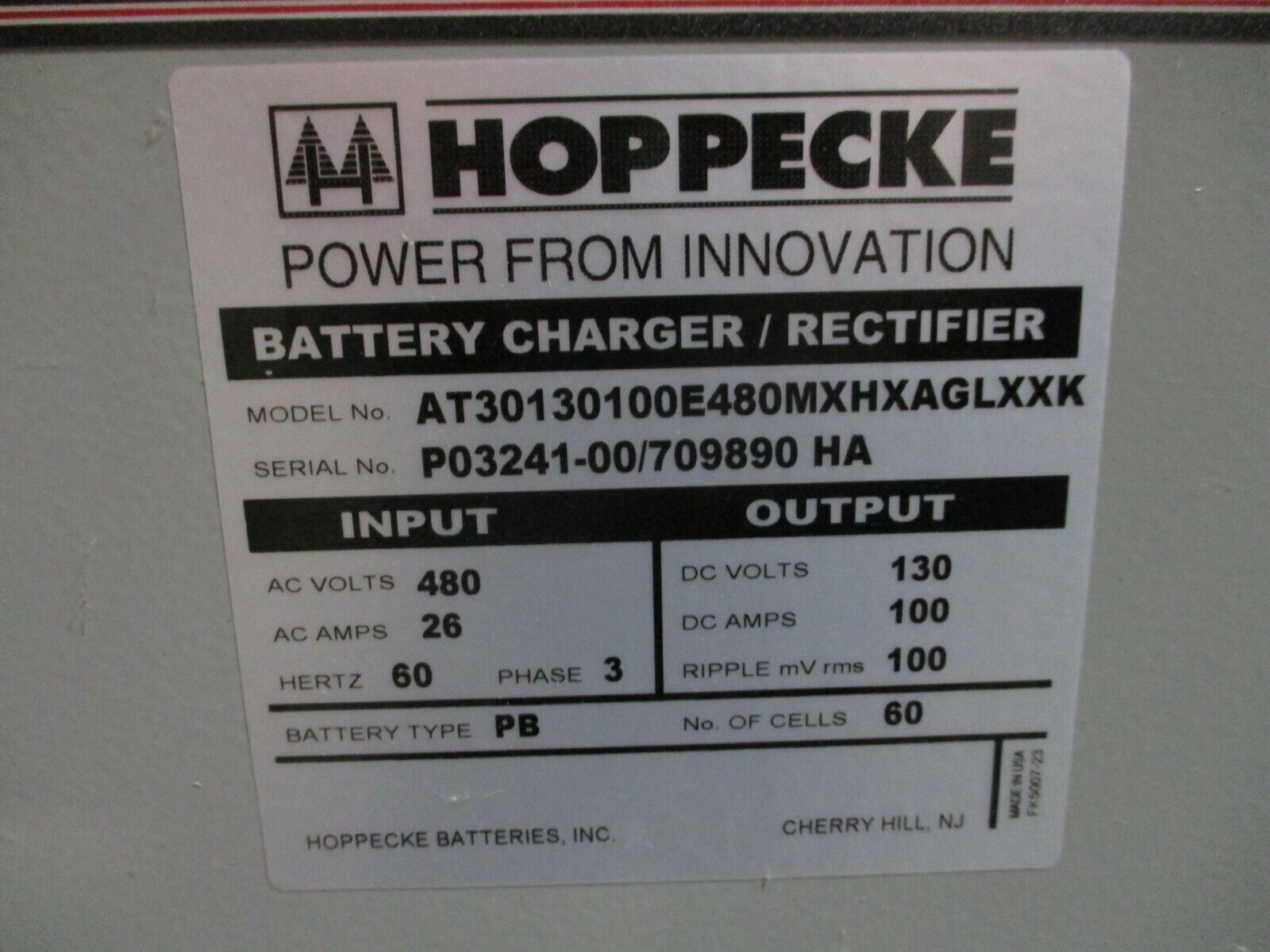 Hoppecke Battery Charger / Rectifier AT30130100E480MXHXAGLXXK Used