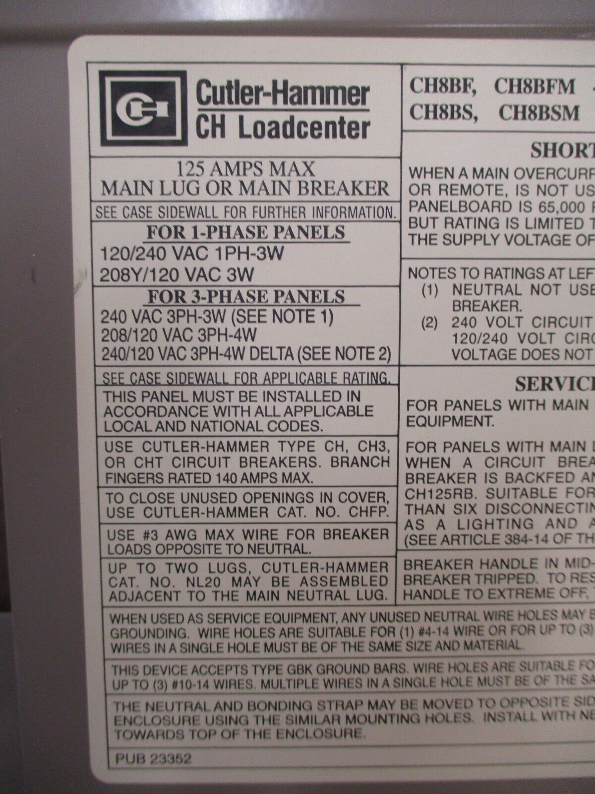 Cutler-Hammer Main Lug Load Center w/ Cover CH12L125B / CH8BSM 125A 240V 1Ph 3W