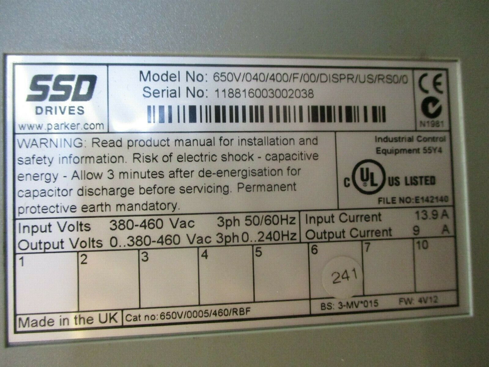 Parker 650 Series AC Drive 650V/0005/460/RBF 5HP 3Ph FW: 4V12 w/ Keypad Used