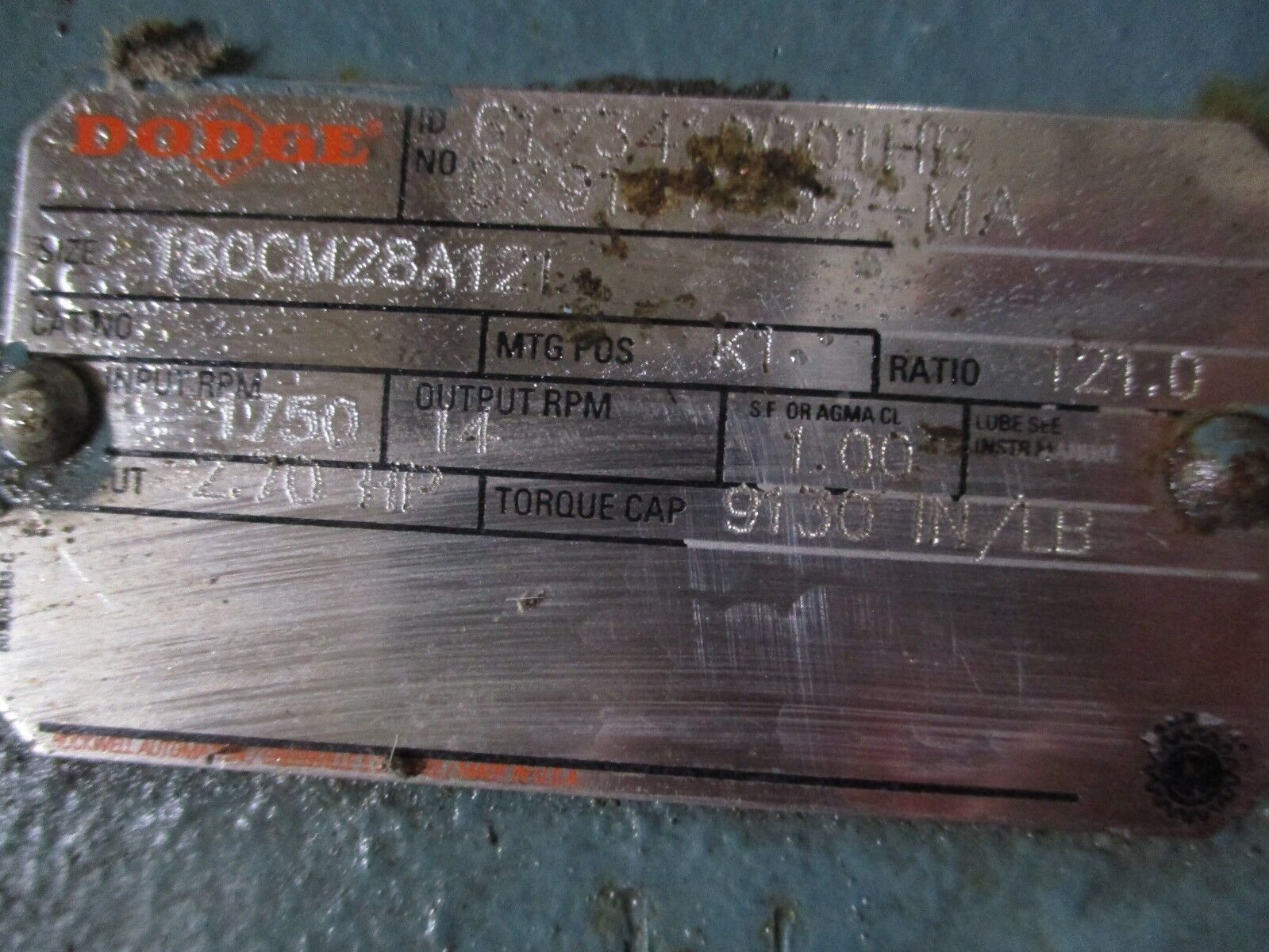 Dodge Gear Reducer 180CM28A121 Ratio 121:1 9130 in/lb Torque 14RPM Out Used