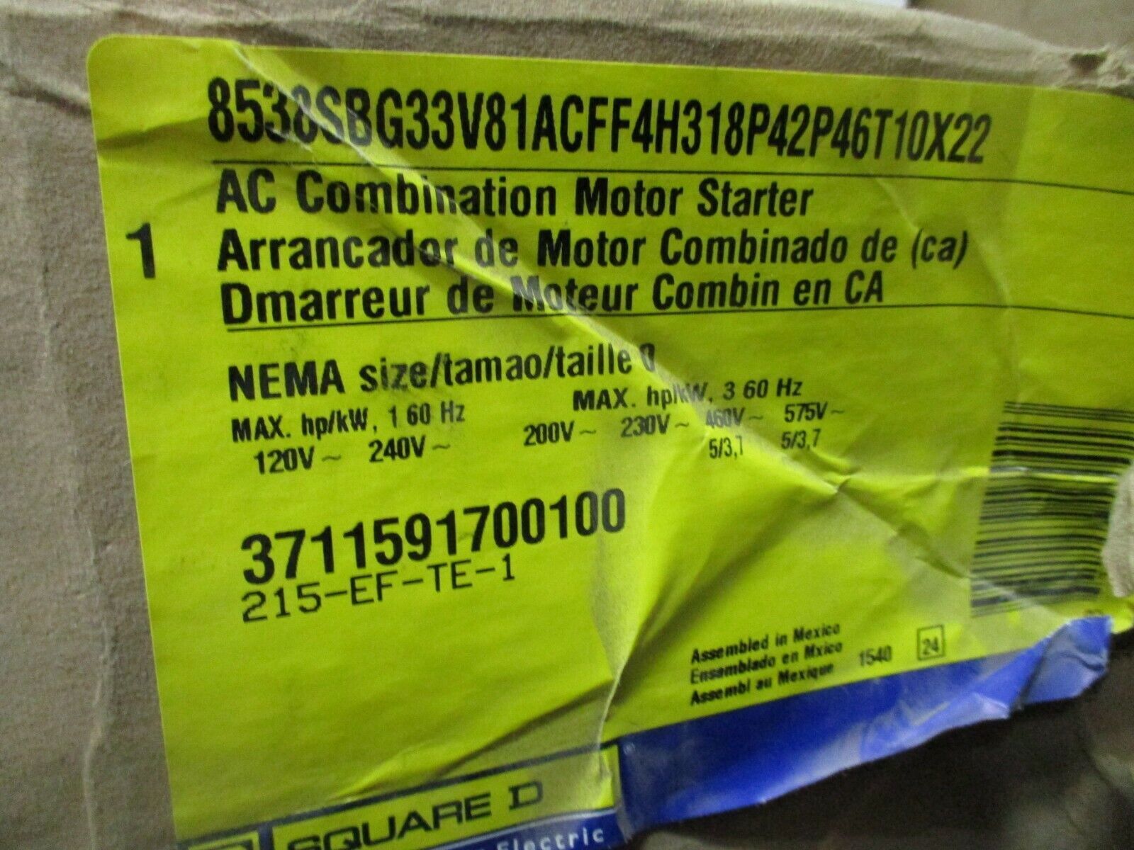 Square D Fusible Size 0 Combination 8538SBG33V81ACFF4H318P42P46T10X22 120V Coil