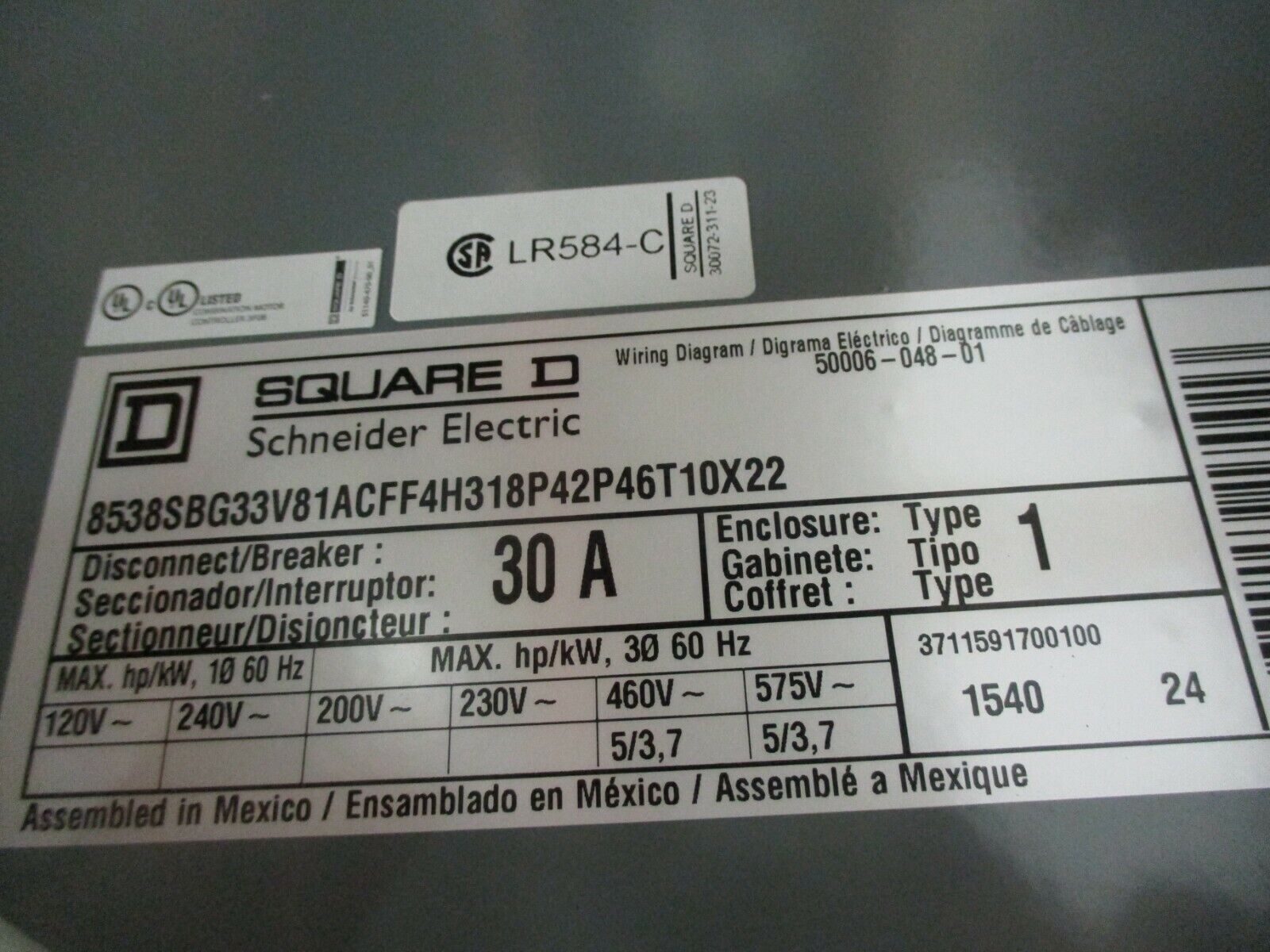 Square D Fusible Size 0 Combination 8538SBG33V81ACFF4H318P42P46T10X22 120V Coil