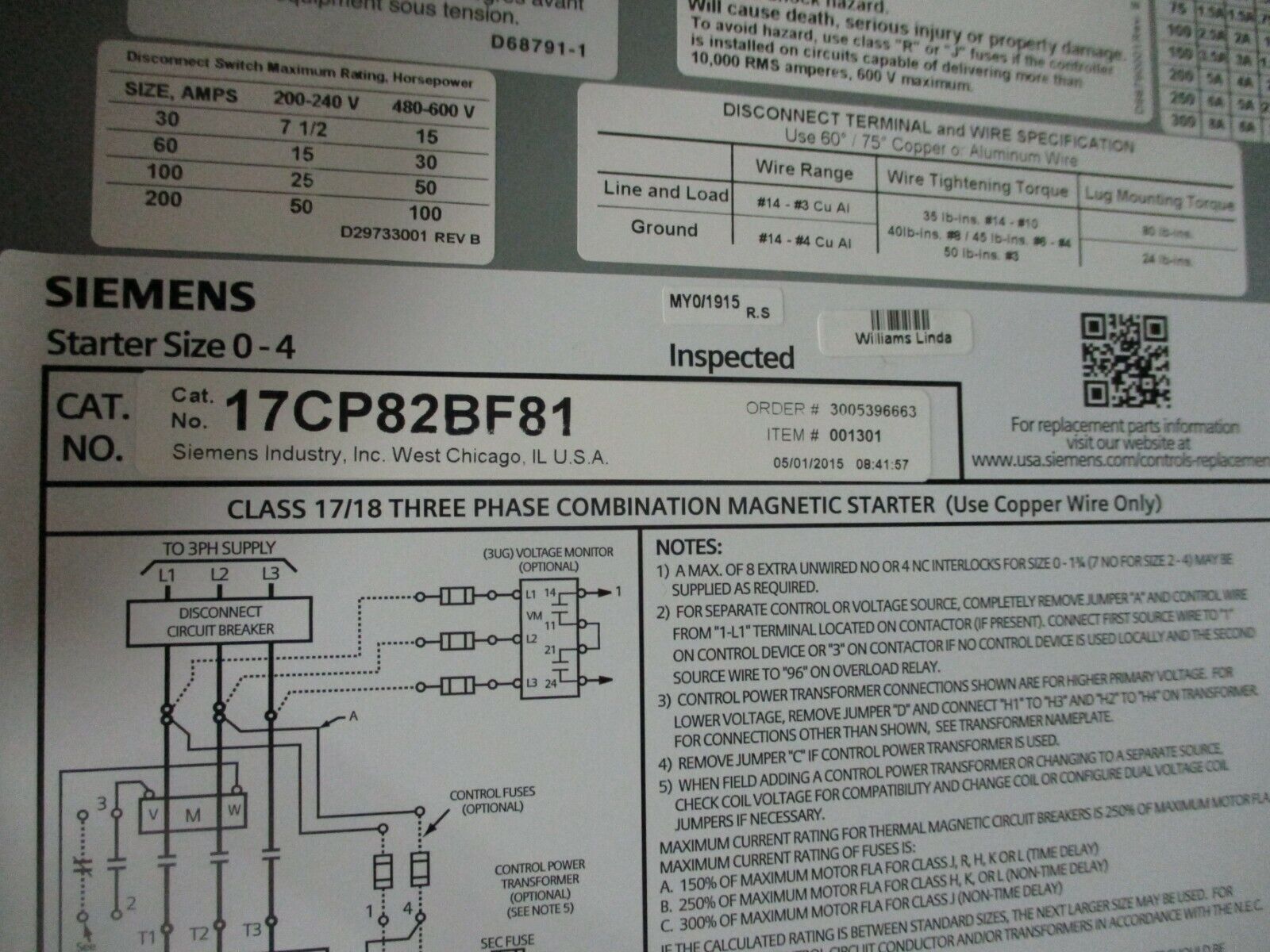 Siemens Non-Fusible Size 0 Combination 17CP82BF81 120V Coil New Surplus
