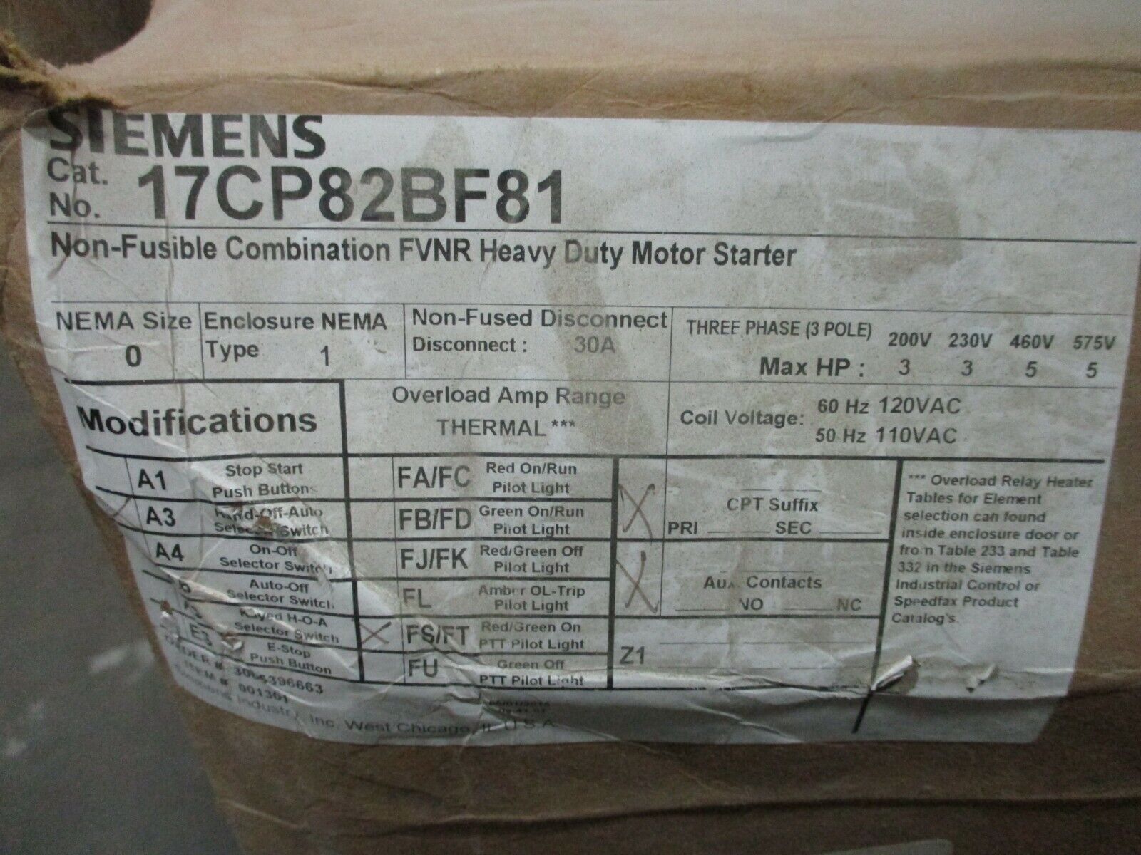 Siemens Non-Fusible Size 0 Combination 17CP82BF81 120V Coil New Surplus