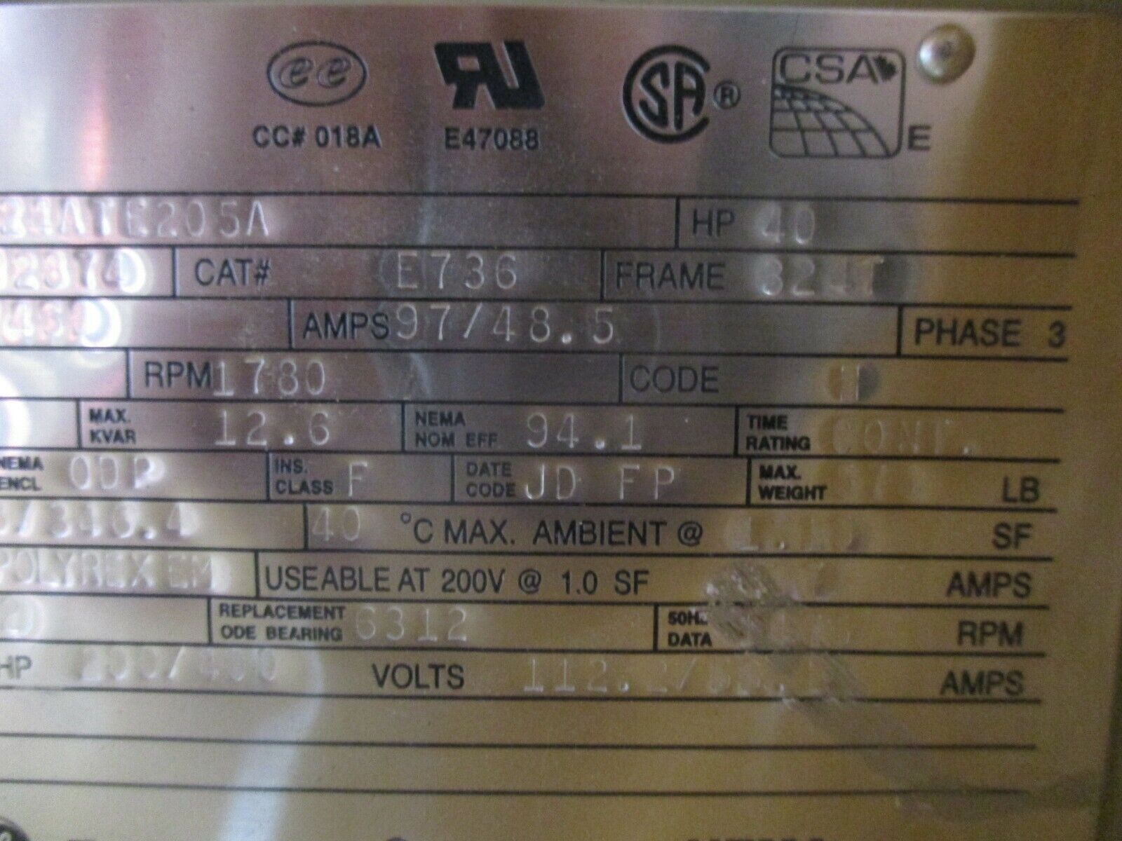 GE Energy Saver Premium AC Motor 5KS324ATE205A 40HP 1800RPM New Surplus