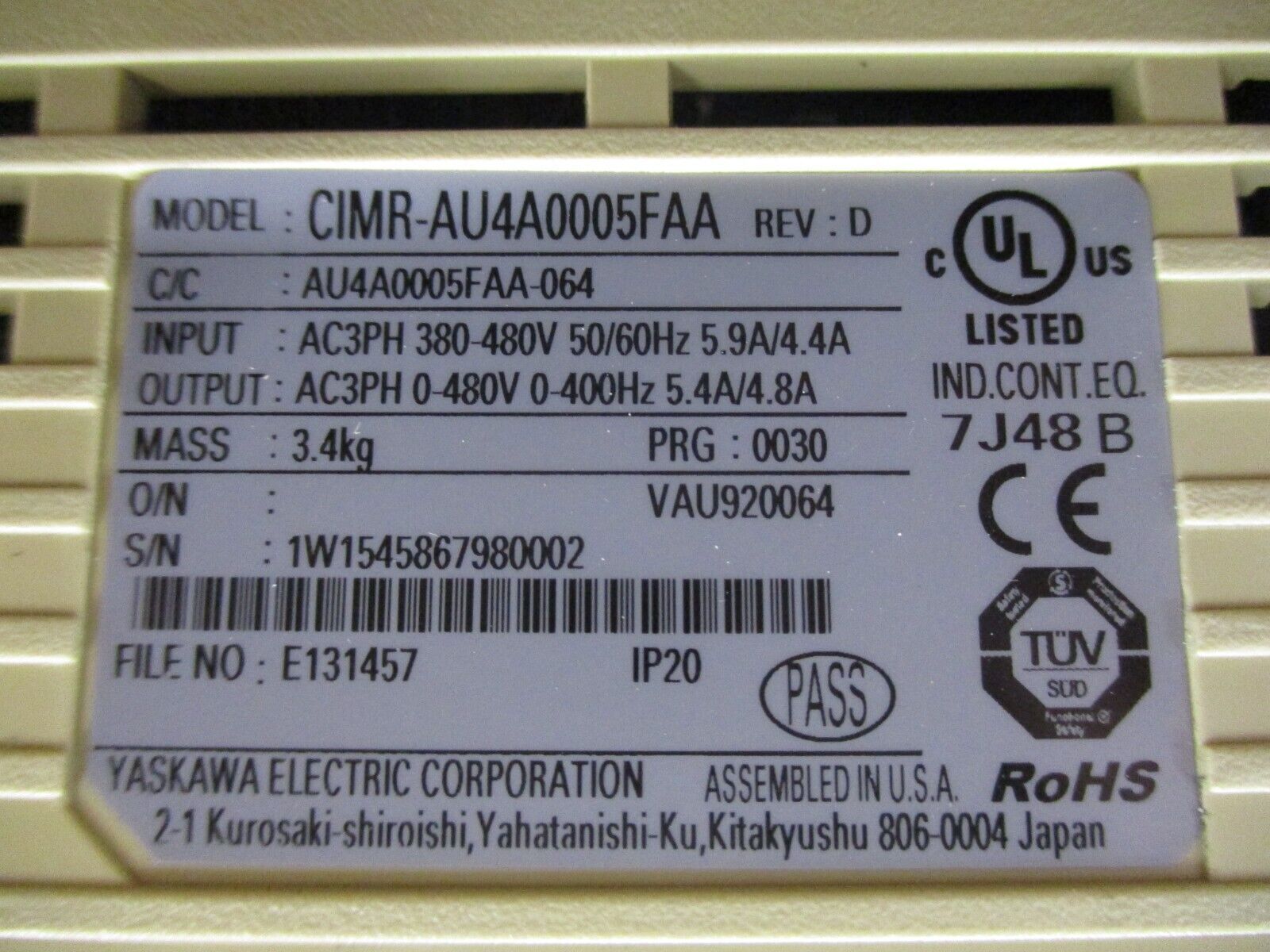 Yaskawa A1000 AC Drive CIMR-AU4A0005FAA Rev. D 3HP 3Ph w/ Keypad Used