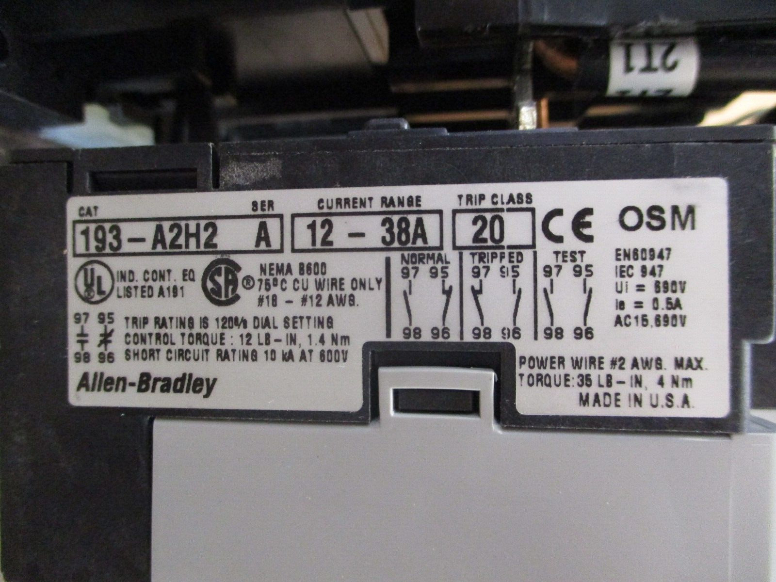Allen-Bradley Reversing Starter 100-A38N*3 / 193-A2H2 120V Coil Trip: 12-38A