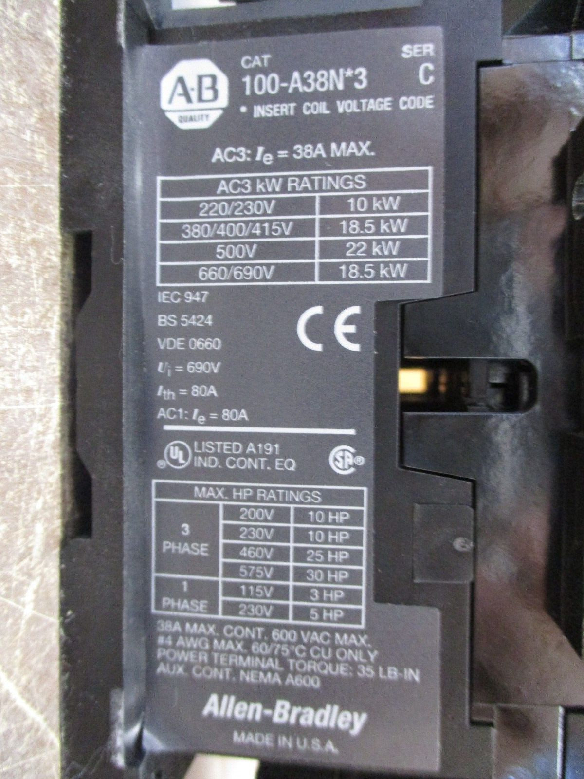 Allen-Bradley Reversing Starter 100-A38N*3 / 193-A2H2 120V Coil Trip: 12-38A