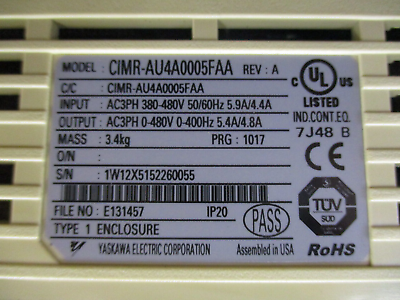 Yaskawa A1000 AC Drive CIMR-AU4A0005FAA Rev. A 3HP 3Ph w/ Keypad Used