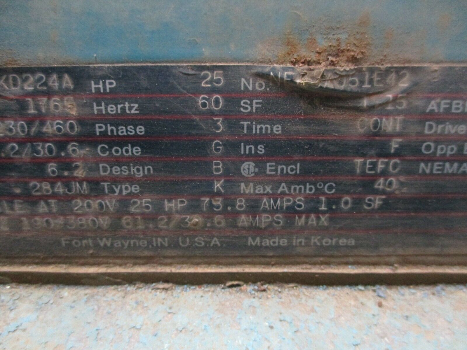 GE AC Motor 5K284KD224A 25HP 1800RPM 230/460V 61.2/30.6A TEFC Encl. Used