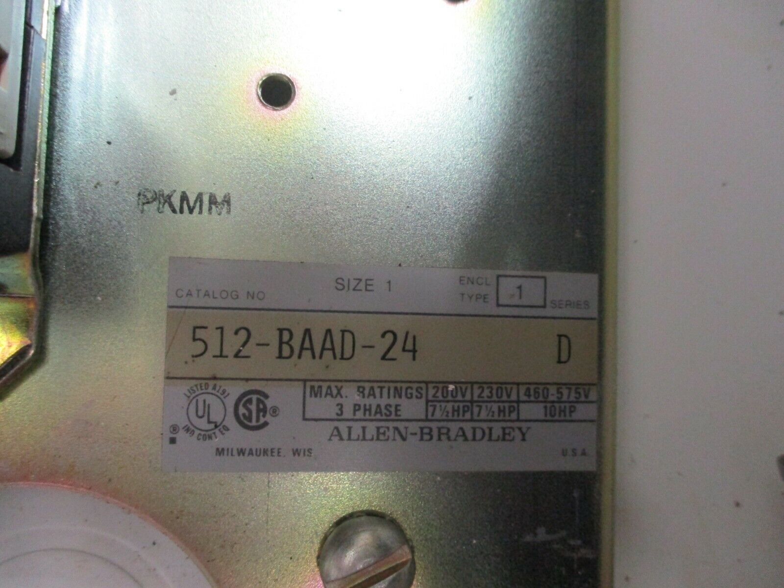 Allen-Bradley Fusible Size Combination 512-BAAD-24 Ser. D 115-120V Coil Used